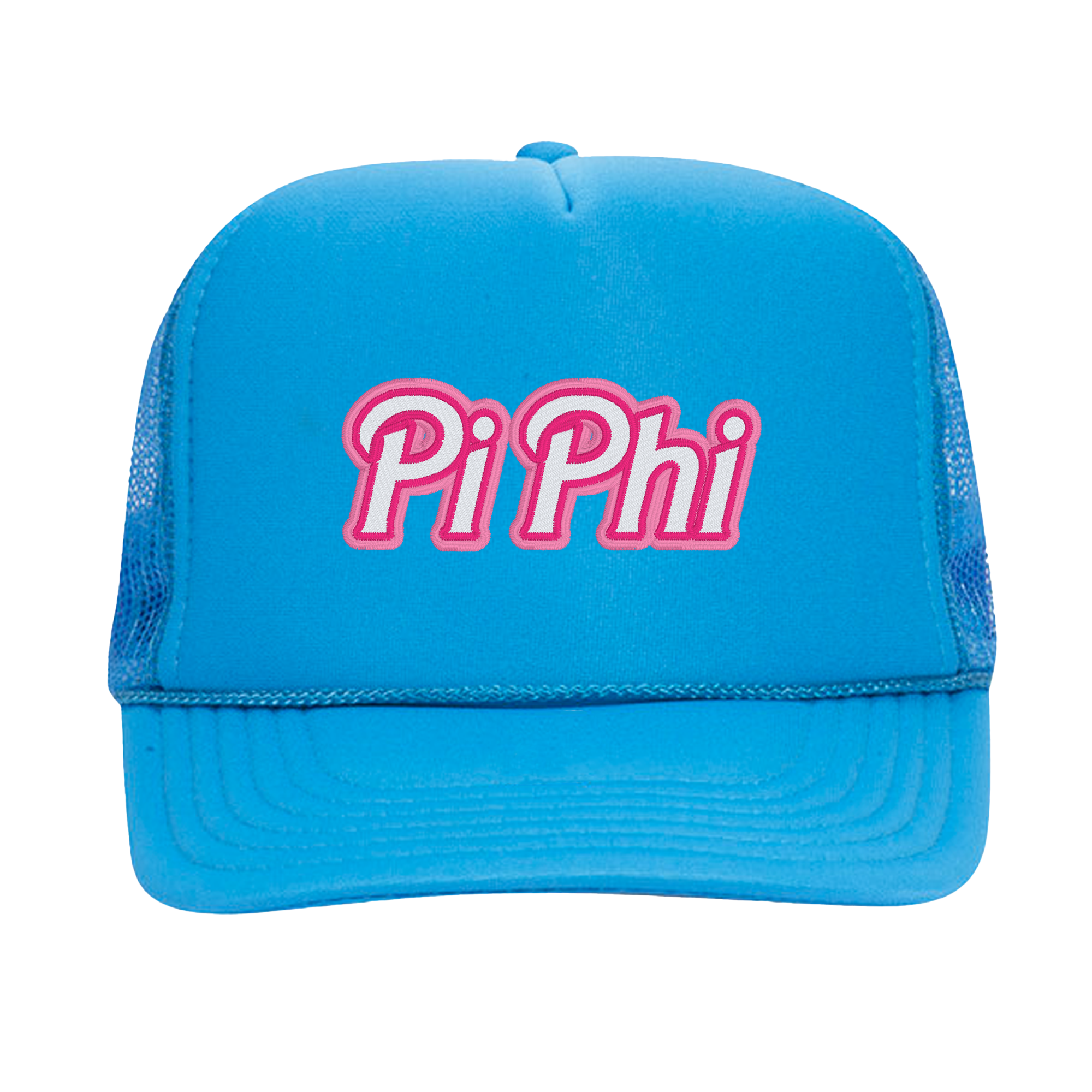 a blue hat with the word pi phi on it