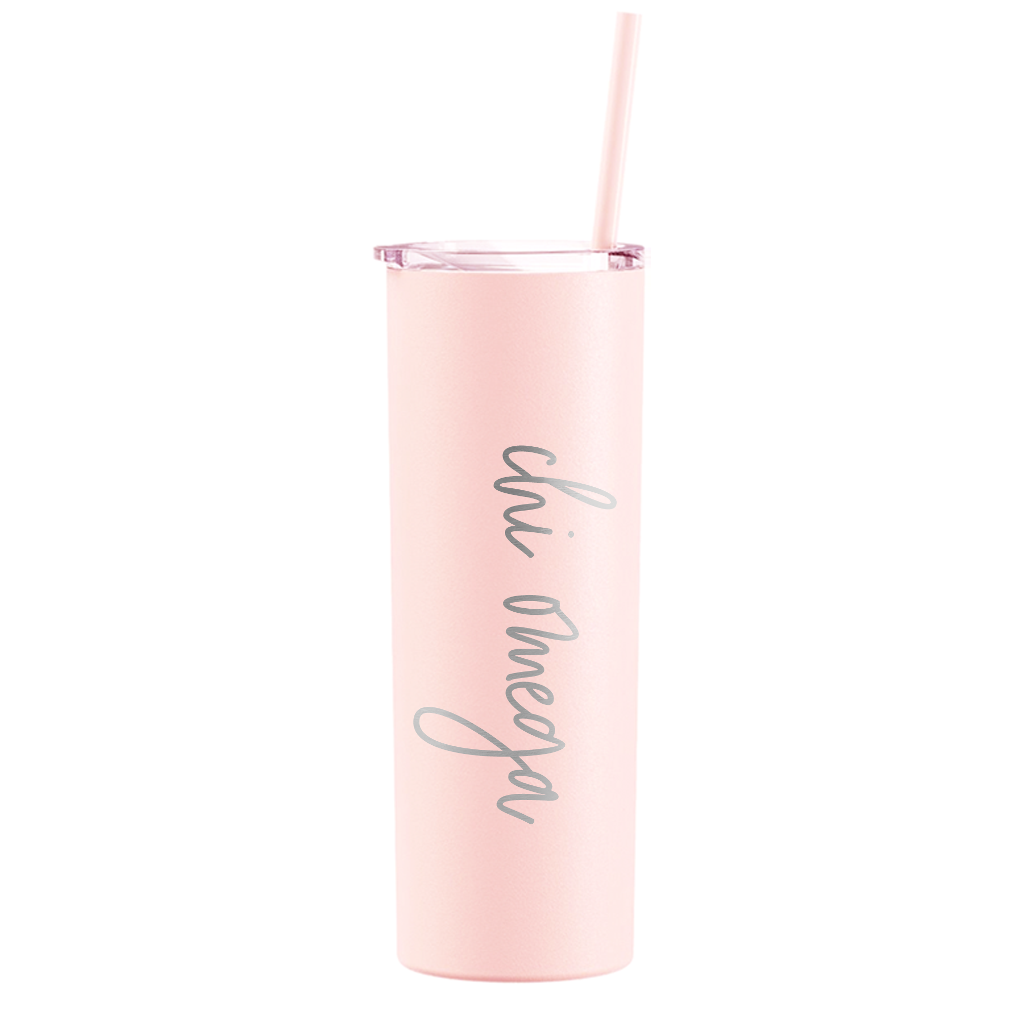 a pink tumbler cup with a straw in it