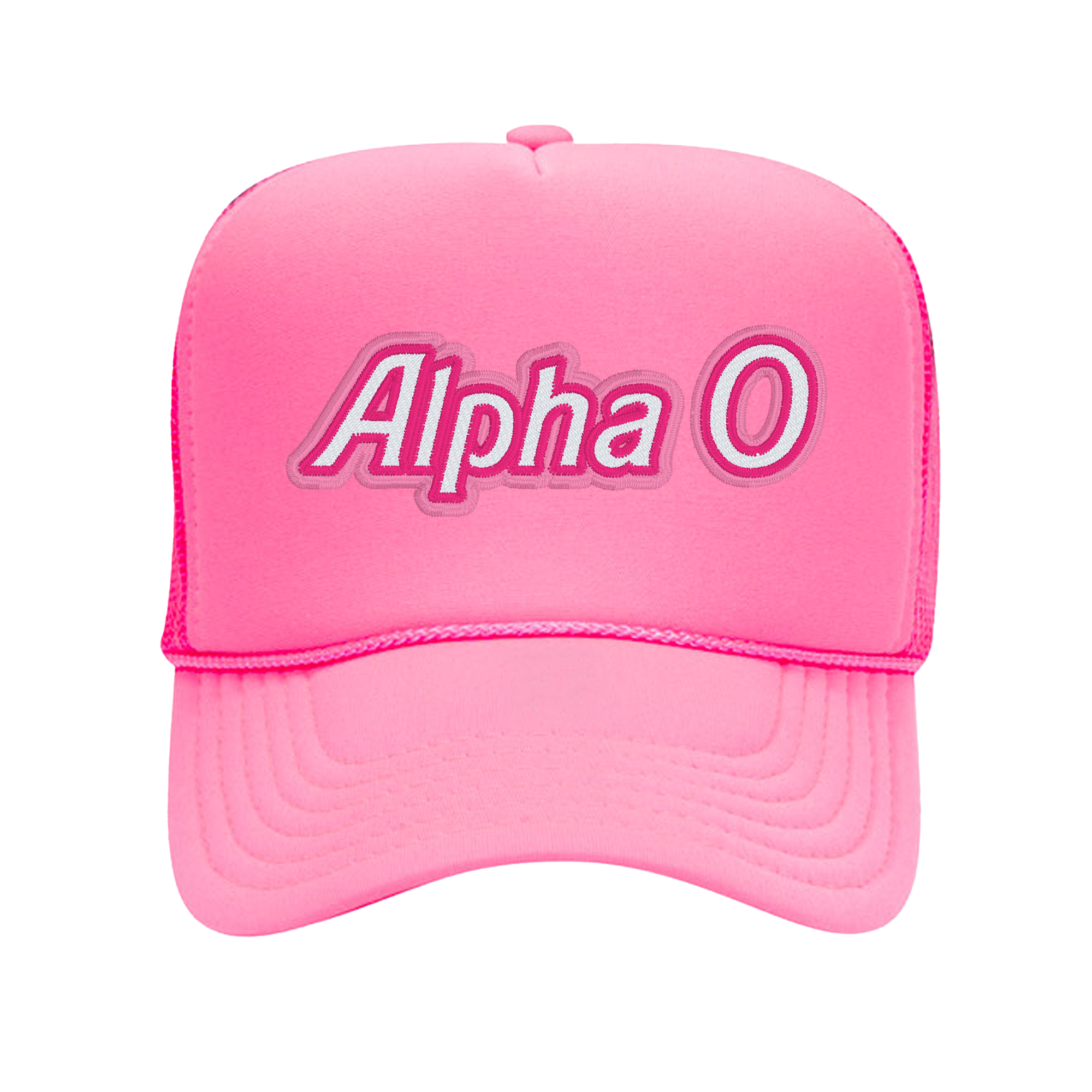a pink hat with the word alpha on it