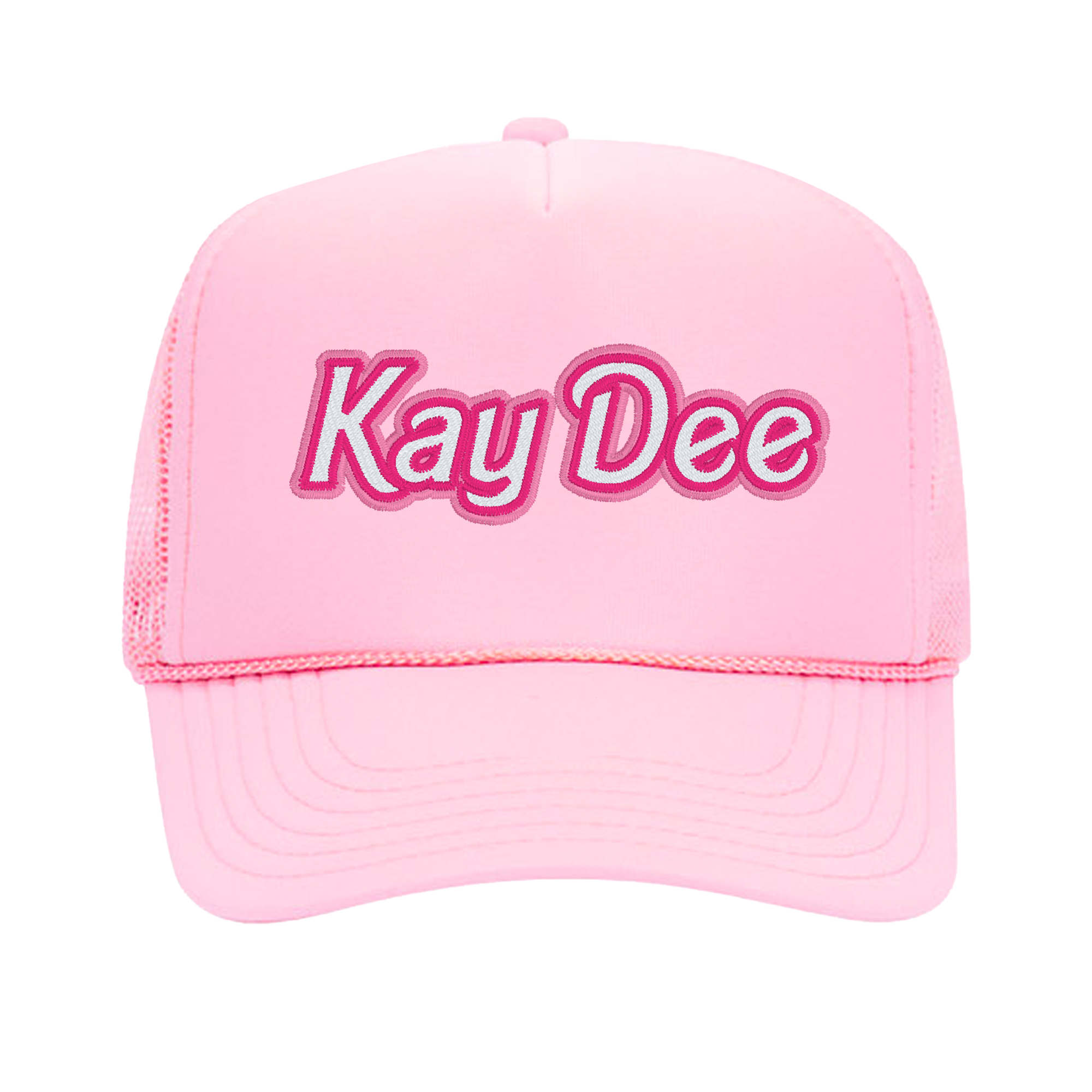 a pink trucker hat with the word kay dee on it