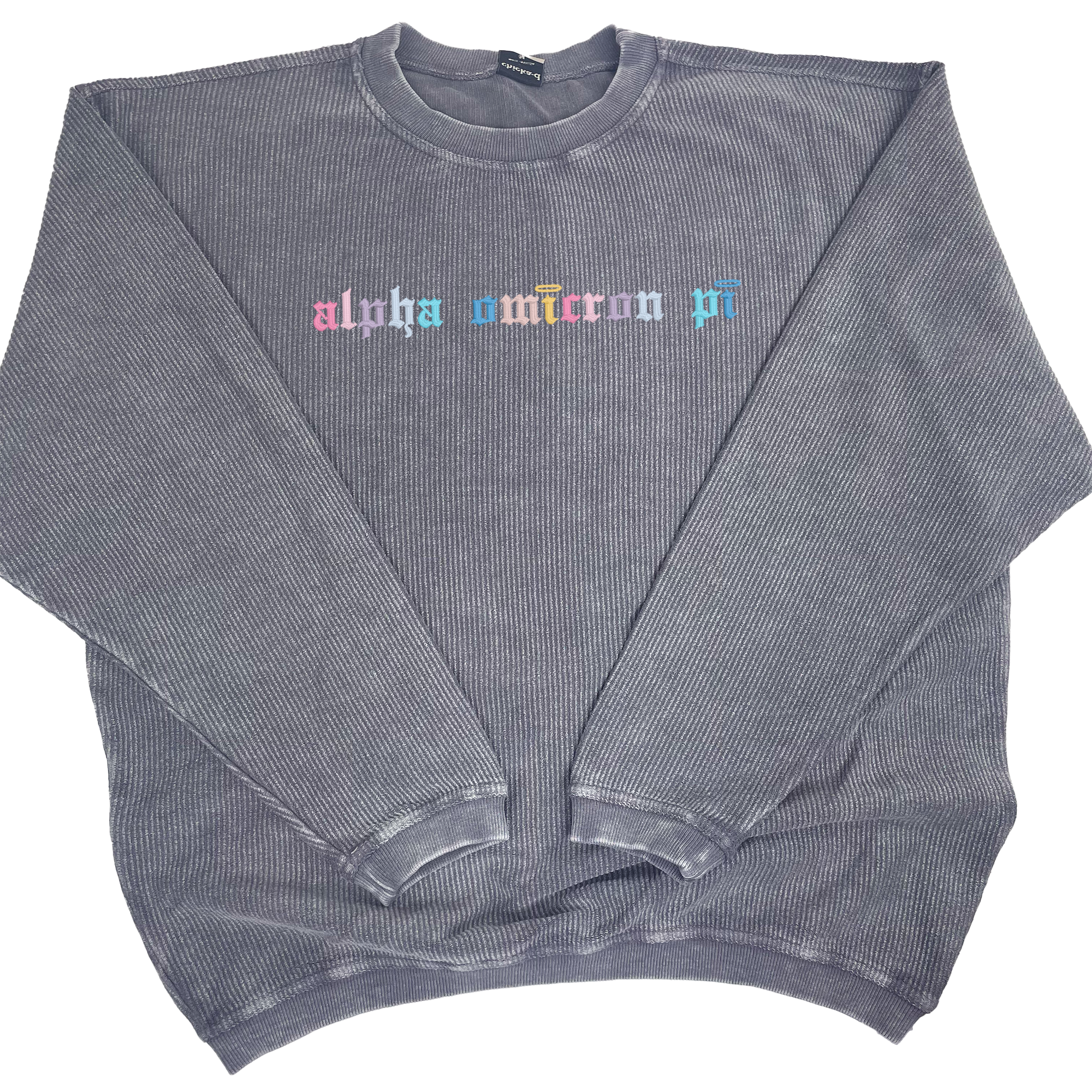 Alpha Omicron Pi Corded Crewneck Sweatshirt - Embroidered Old English Font