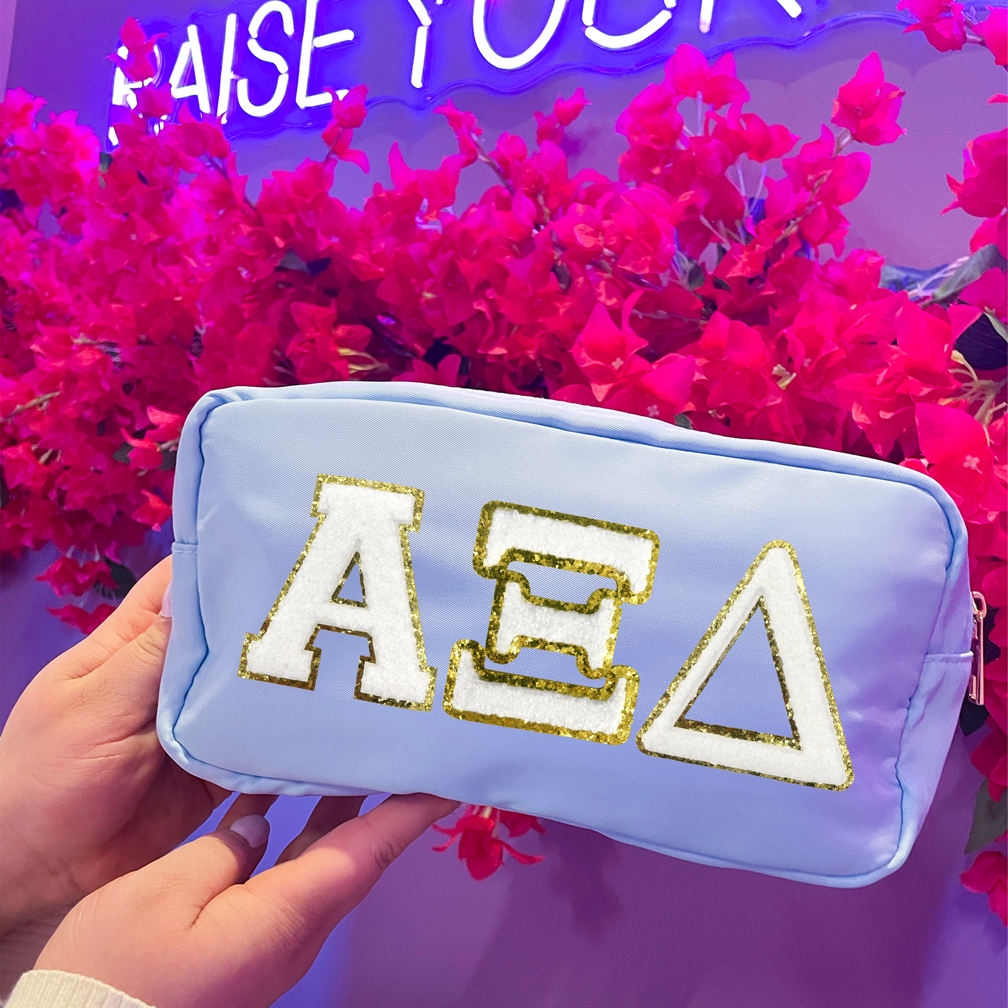 Alpha Xi Delta Greek Letter Chenille Patch Bag - Blue