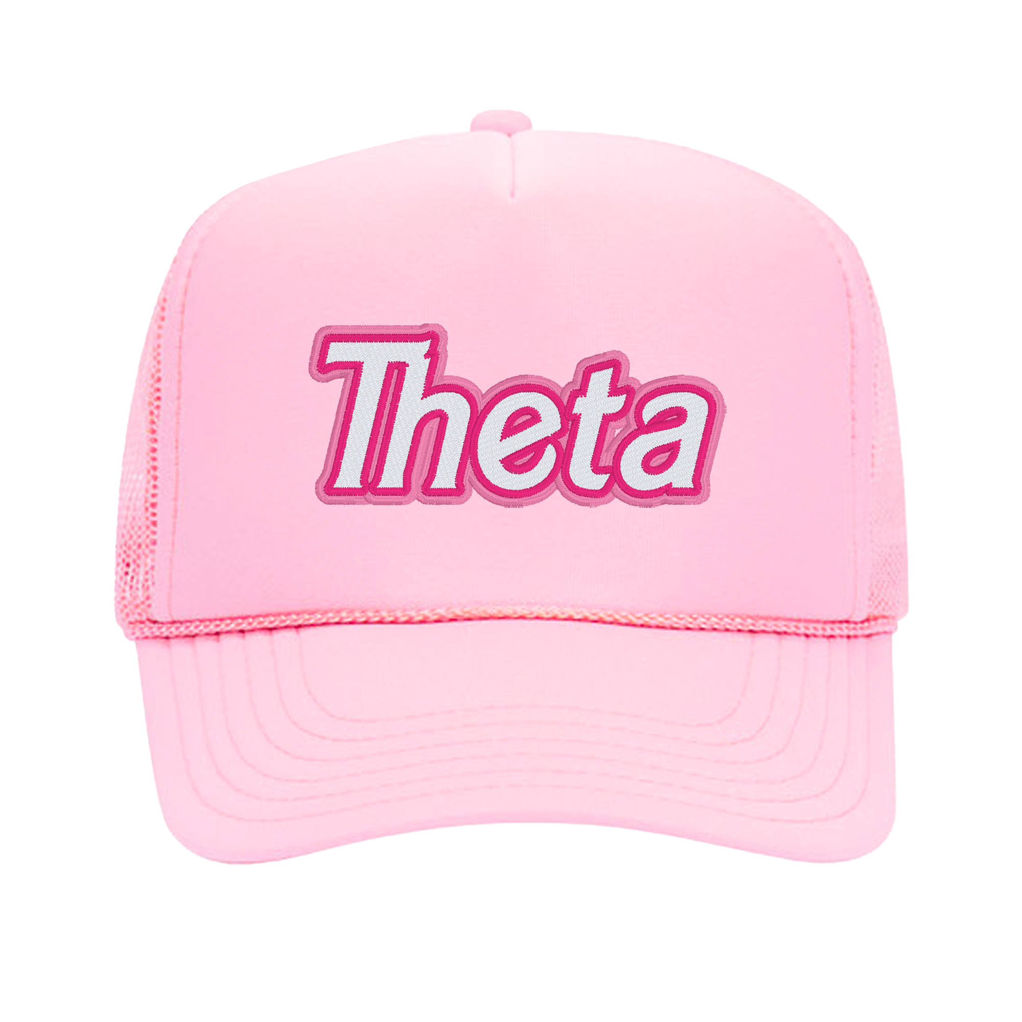 a pink hat with the word theta on it