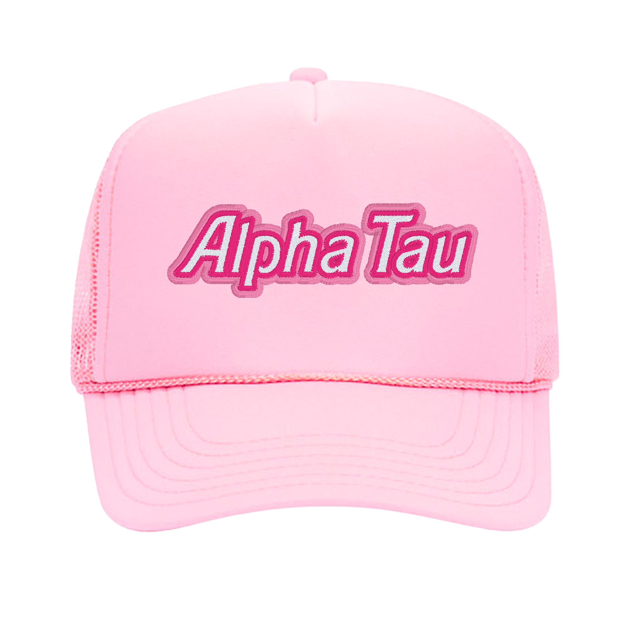 a pink trucker hat with the word alpha tau on it