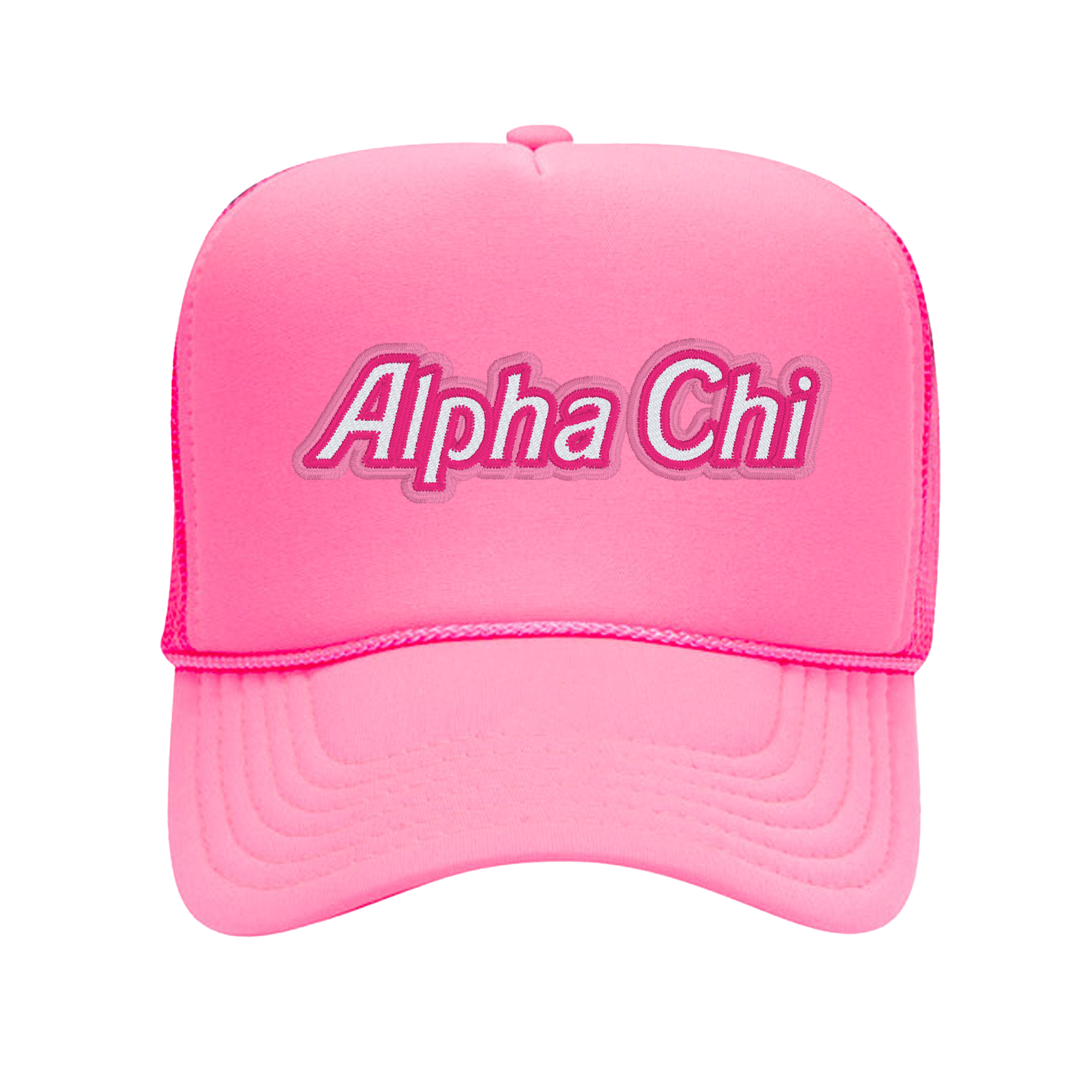 a pink hat with the word alpha chi on it