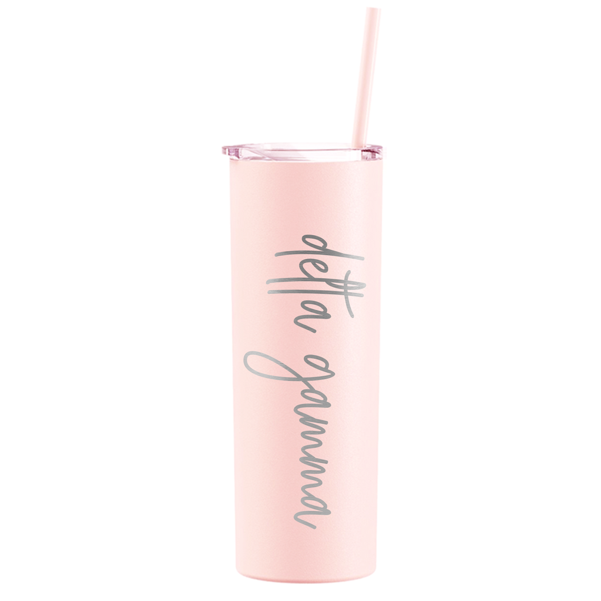 a pink tumbler cup with a straw in it