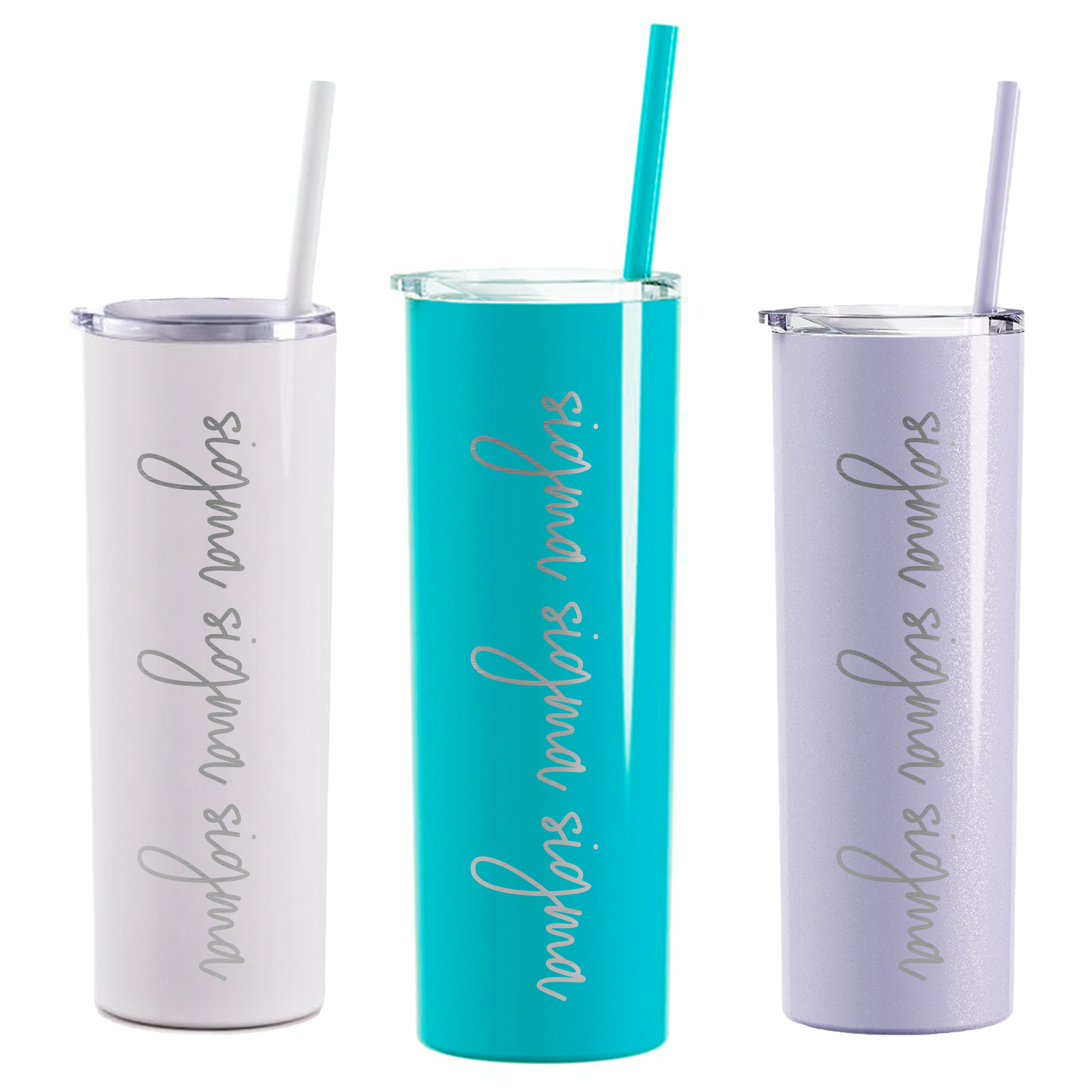 three different colored tumblers with names on them