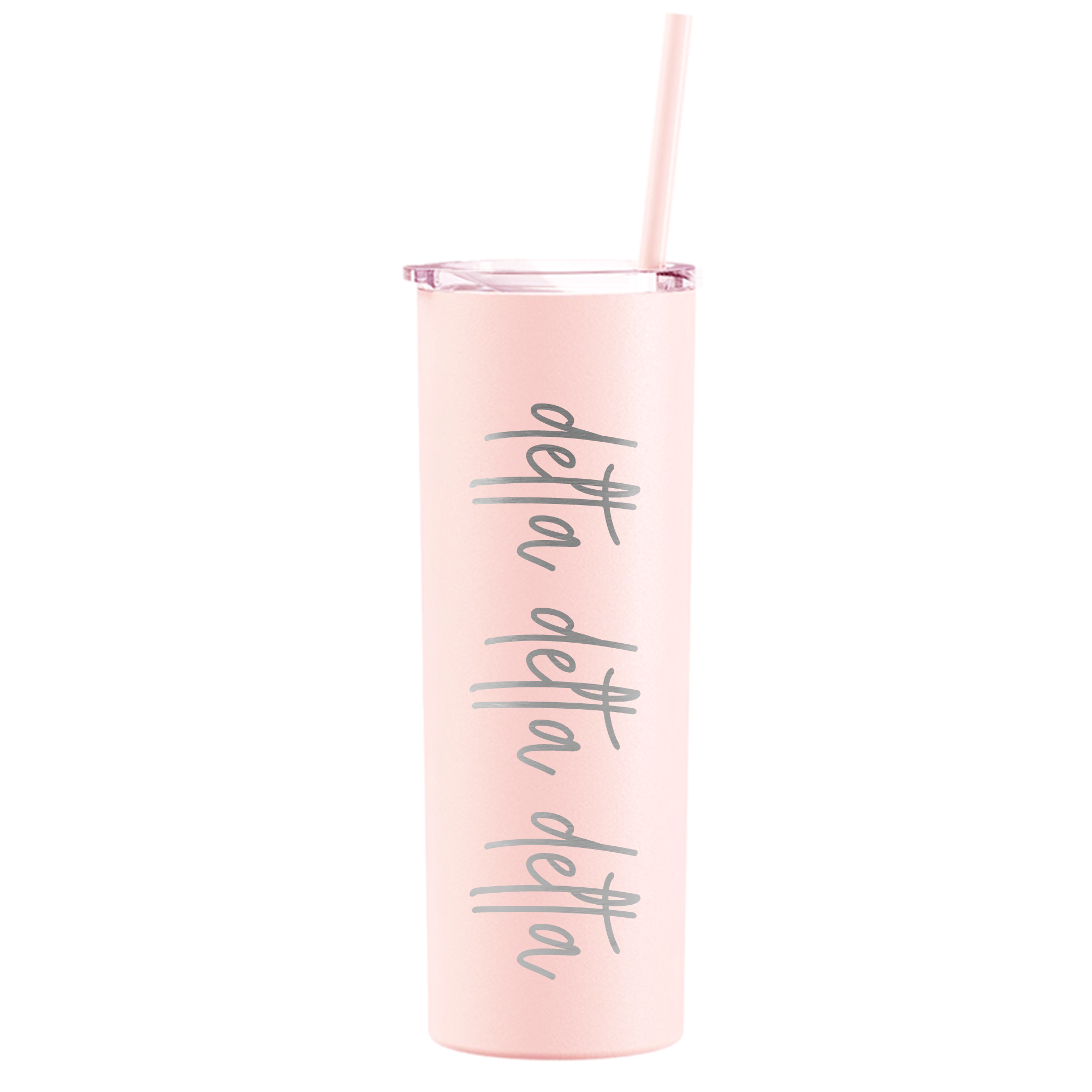 a pink tumbler cup with a straw in it