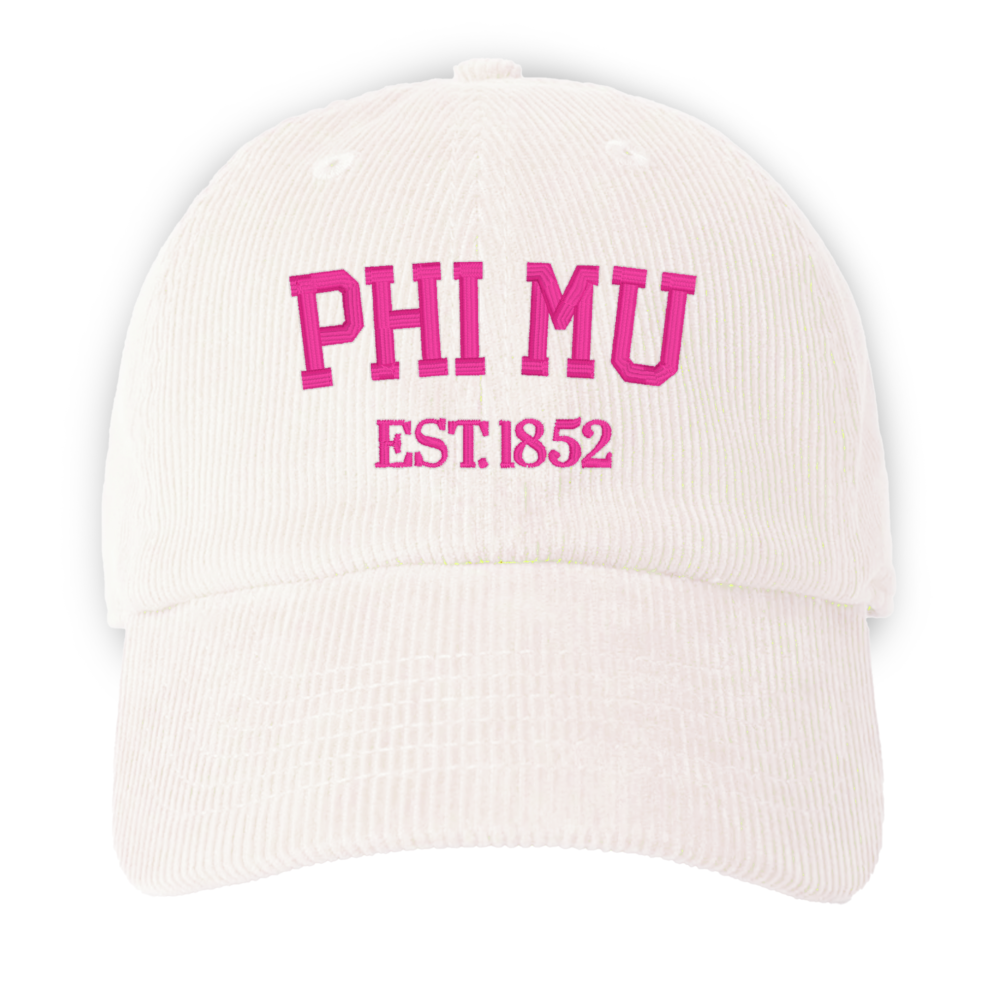 a white hat with pink lettering on it