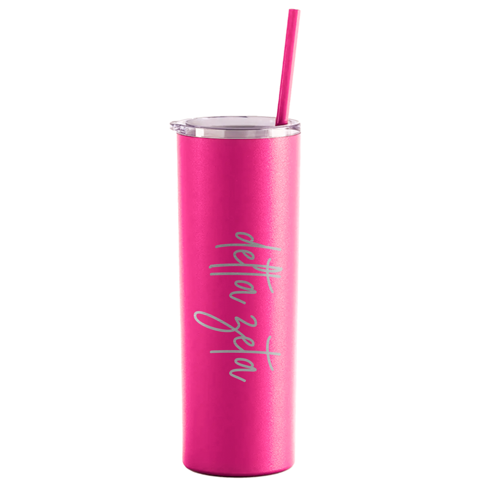 a pink tumbler with a straw in it