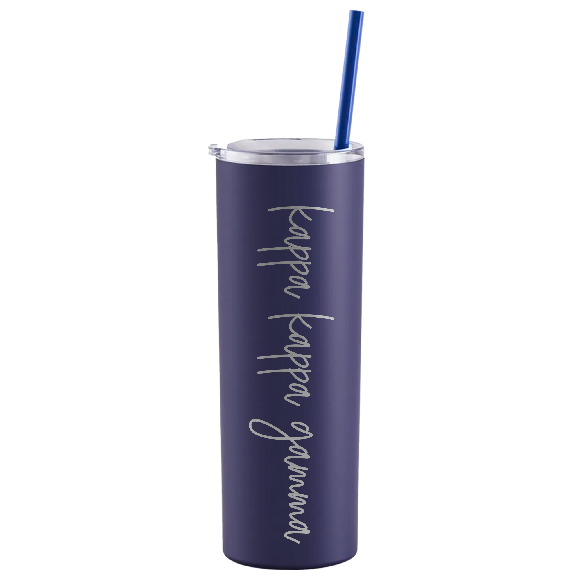 a purple tumbler with a blue straw in it