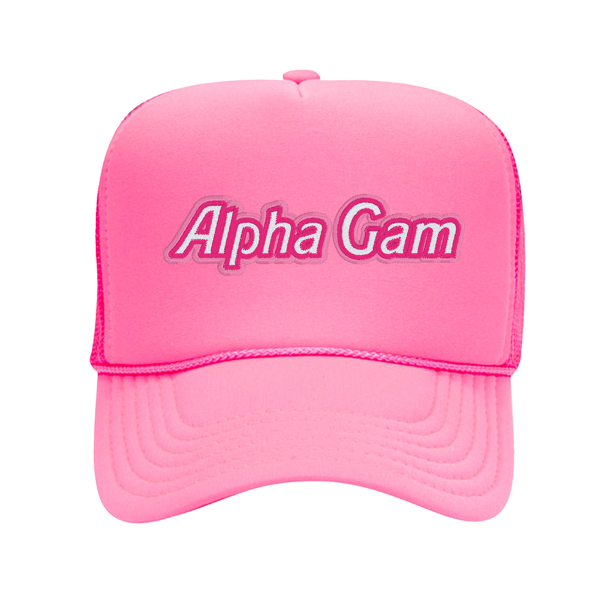 a pink hat with the word alpha gam on it