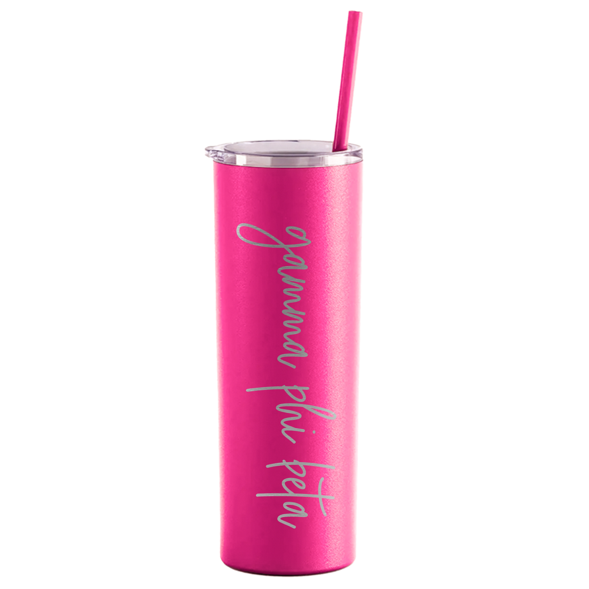 a pink tumbler cup with a straw in it