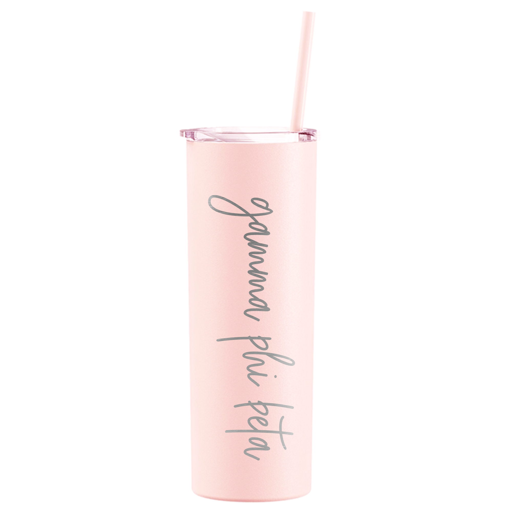 a pink tumbler cup with a straw in it