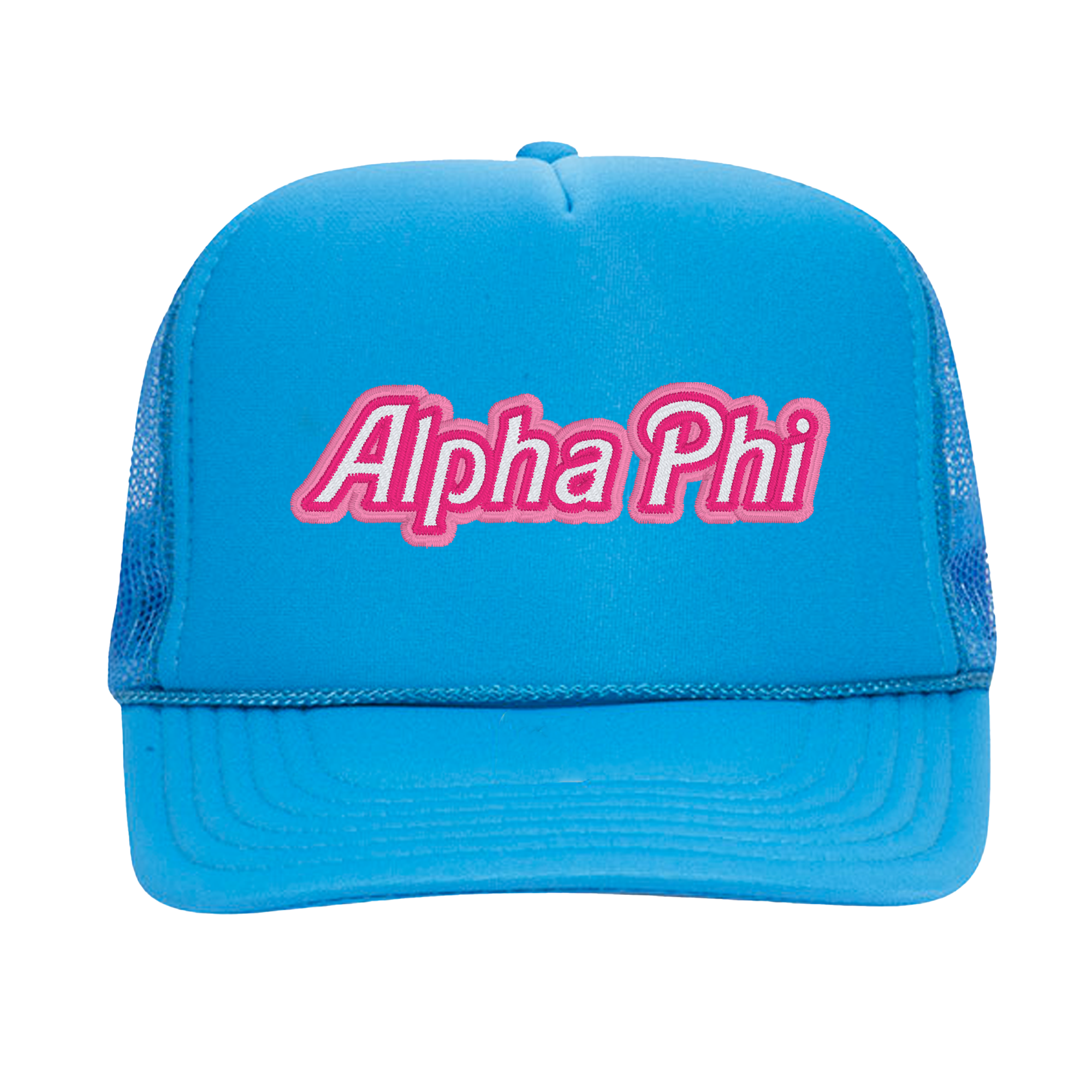 a blue trucker hat with the word alpha phi on it