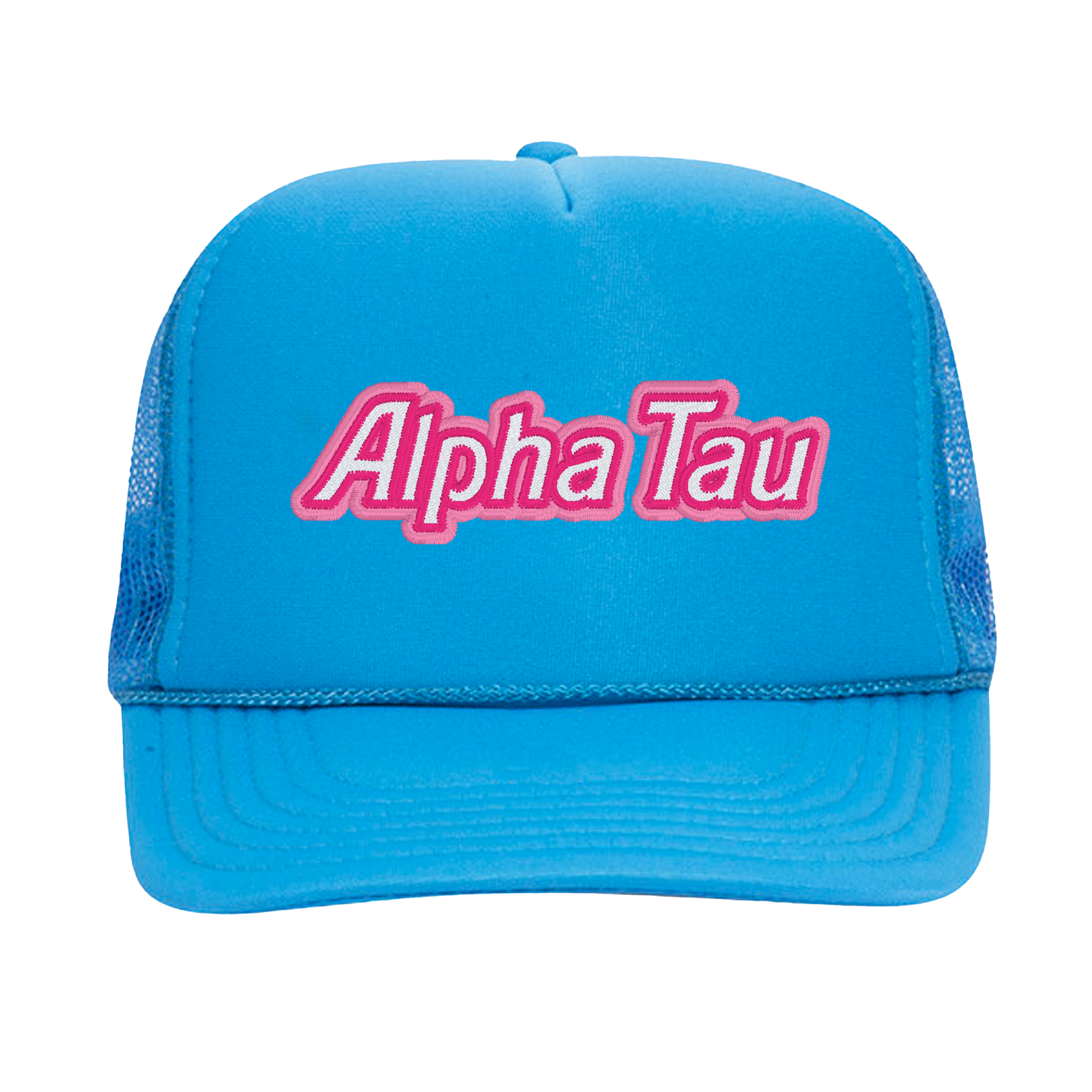 a blue trucker hat with the word alpha tau on it