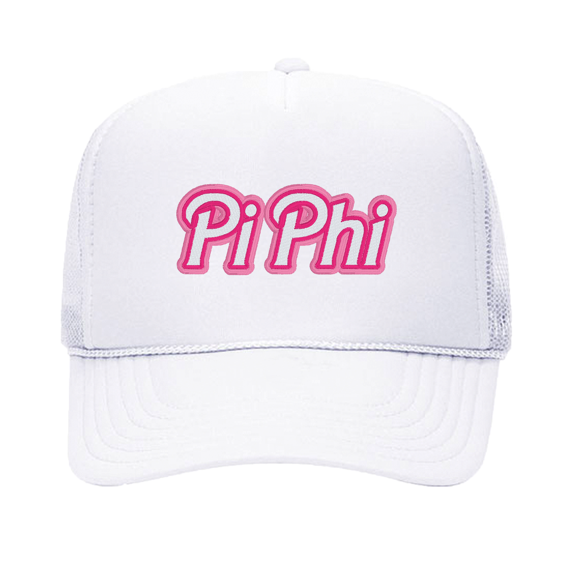 a white hat with pink letters on it