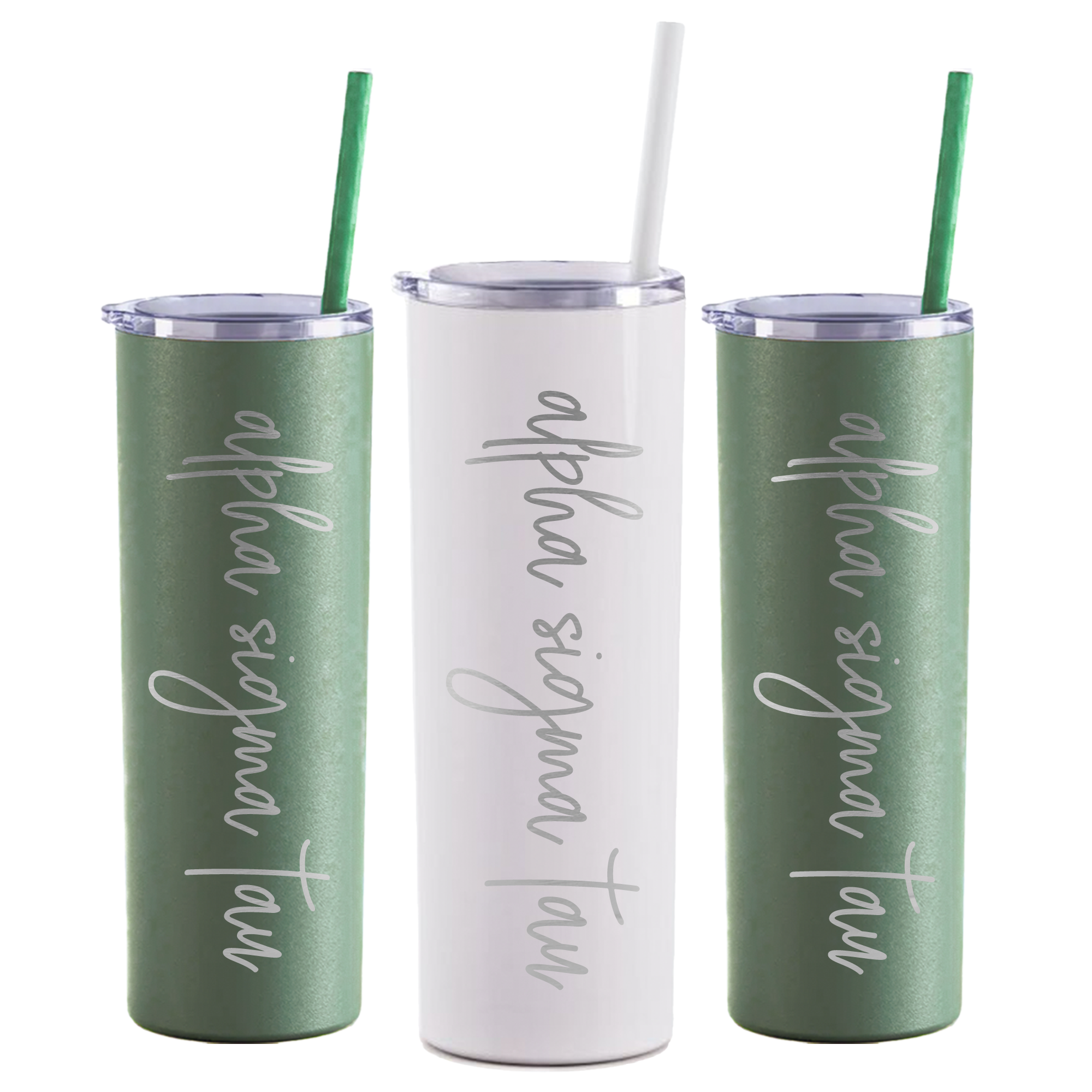 three green and white tumblers with writing on them