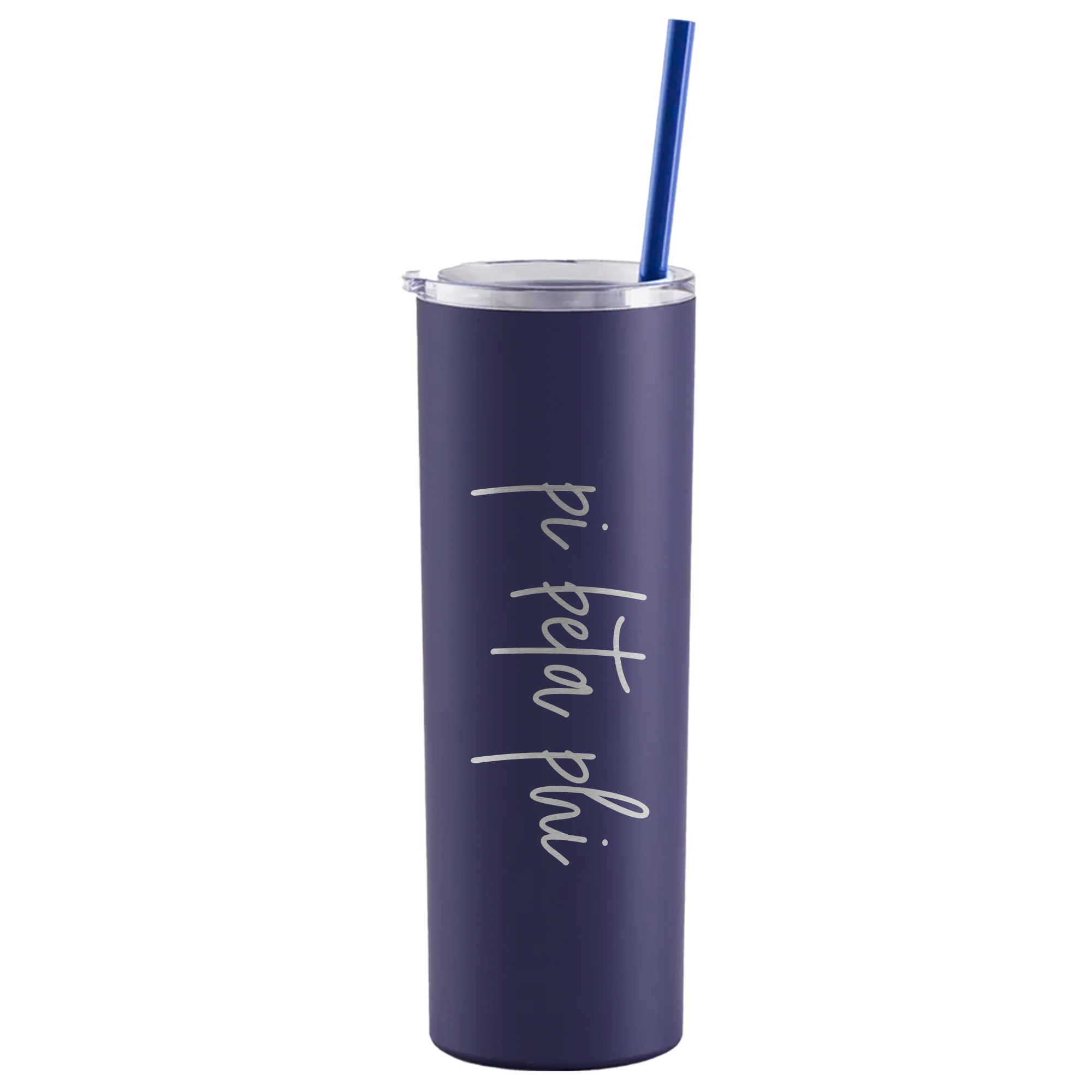 a purple tumbler with a blue straw in it