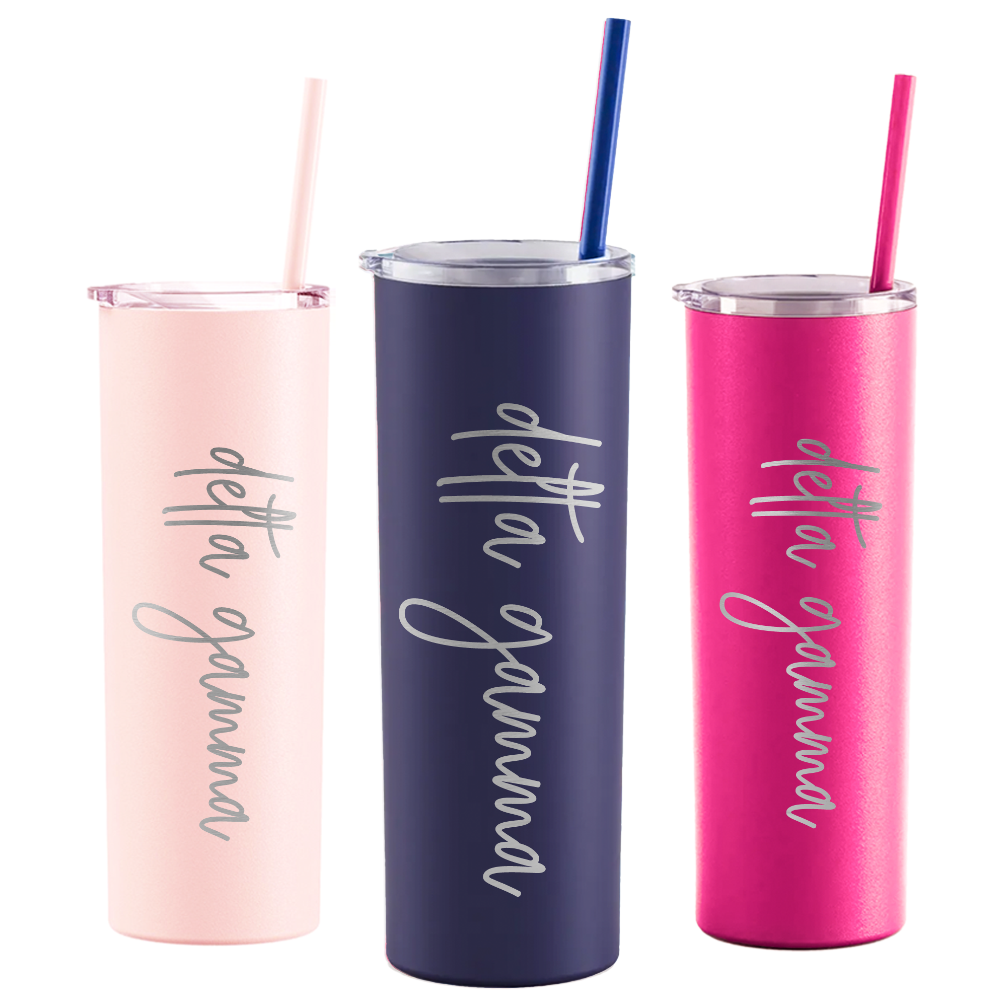 three different colored tumblers with straws in them
