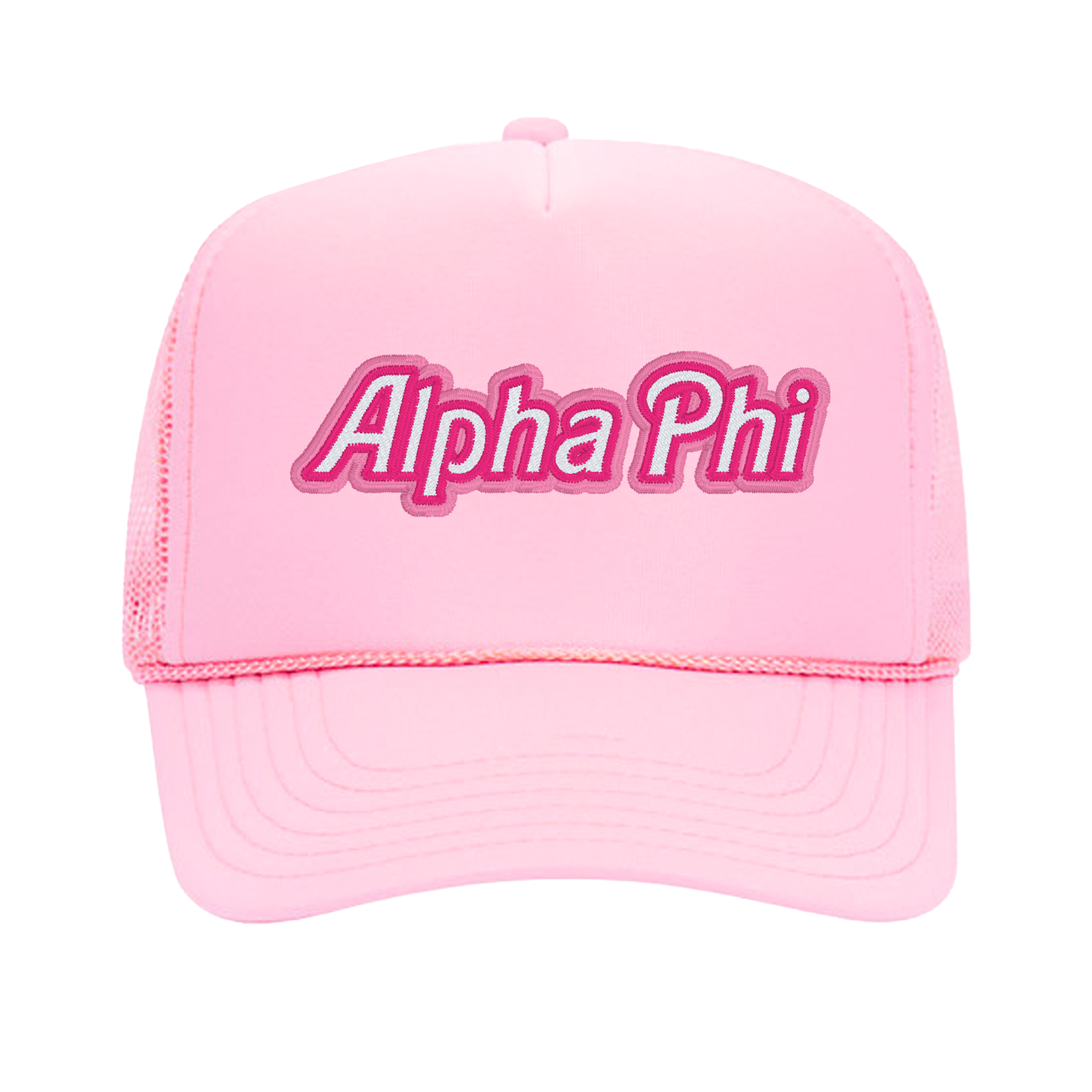 a pink hat with the word alpha phi on it