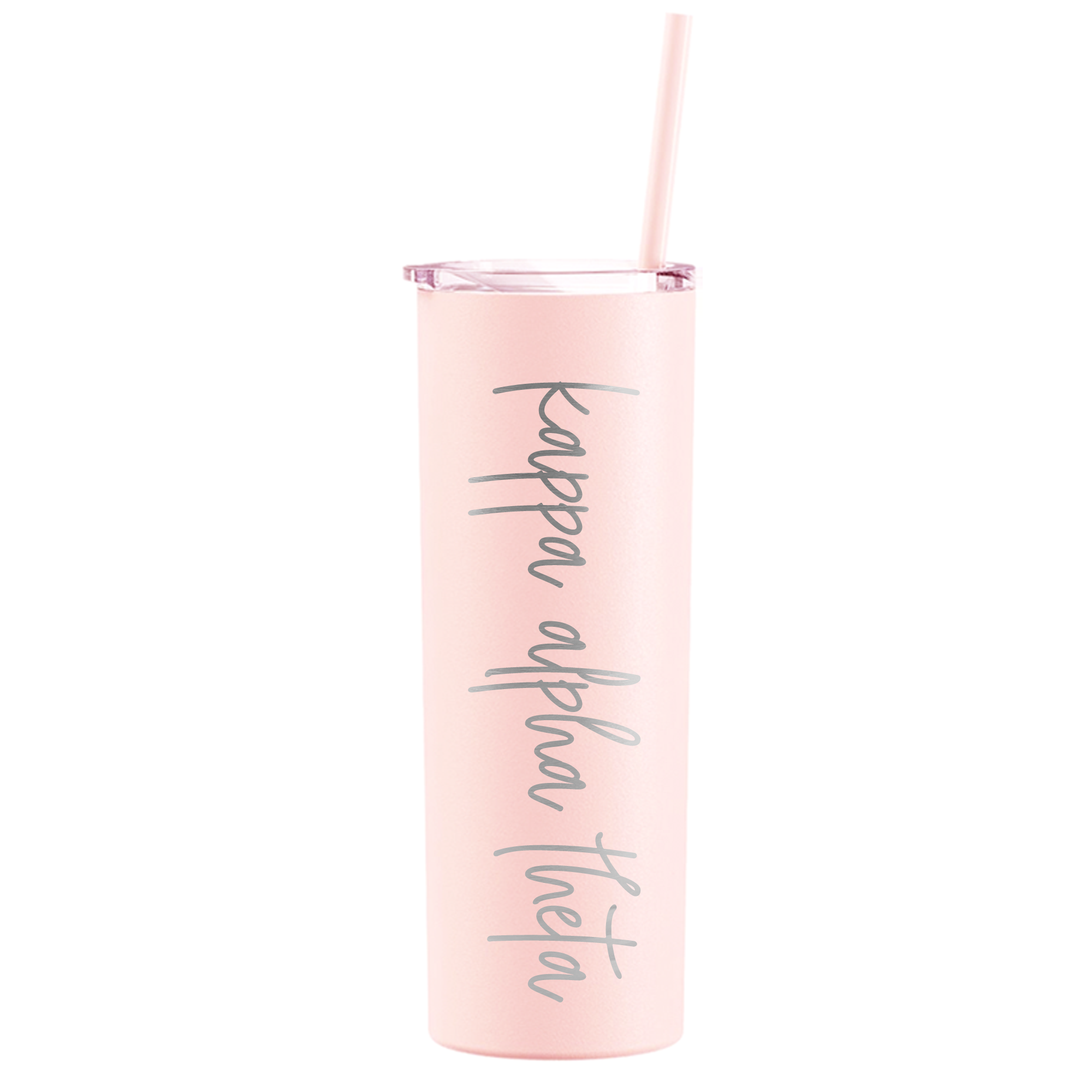 a pink tumbler cup with a straw in it