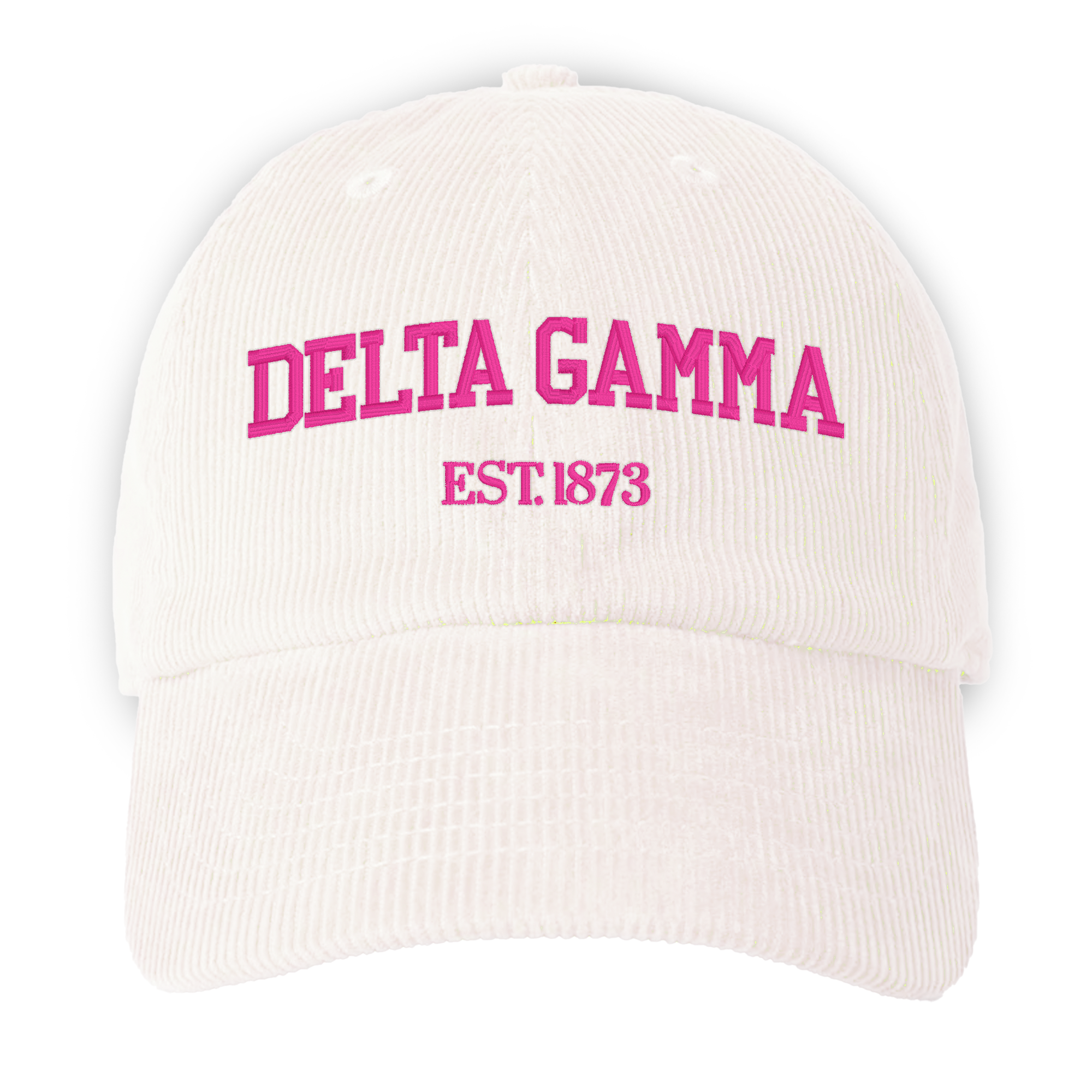 a white hat with the delta gama embroidered on it