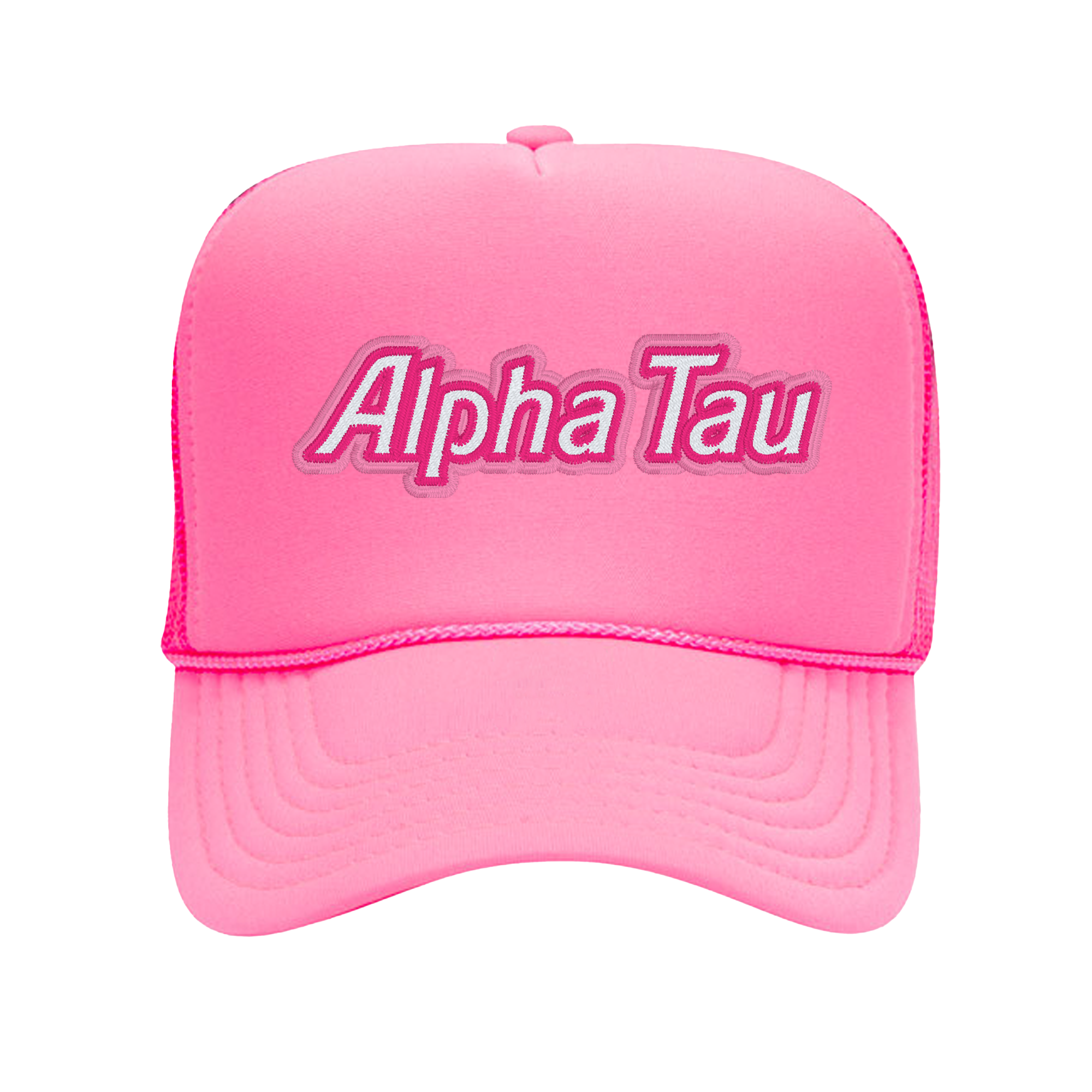 a pink hat with the word alpha tau on it