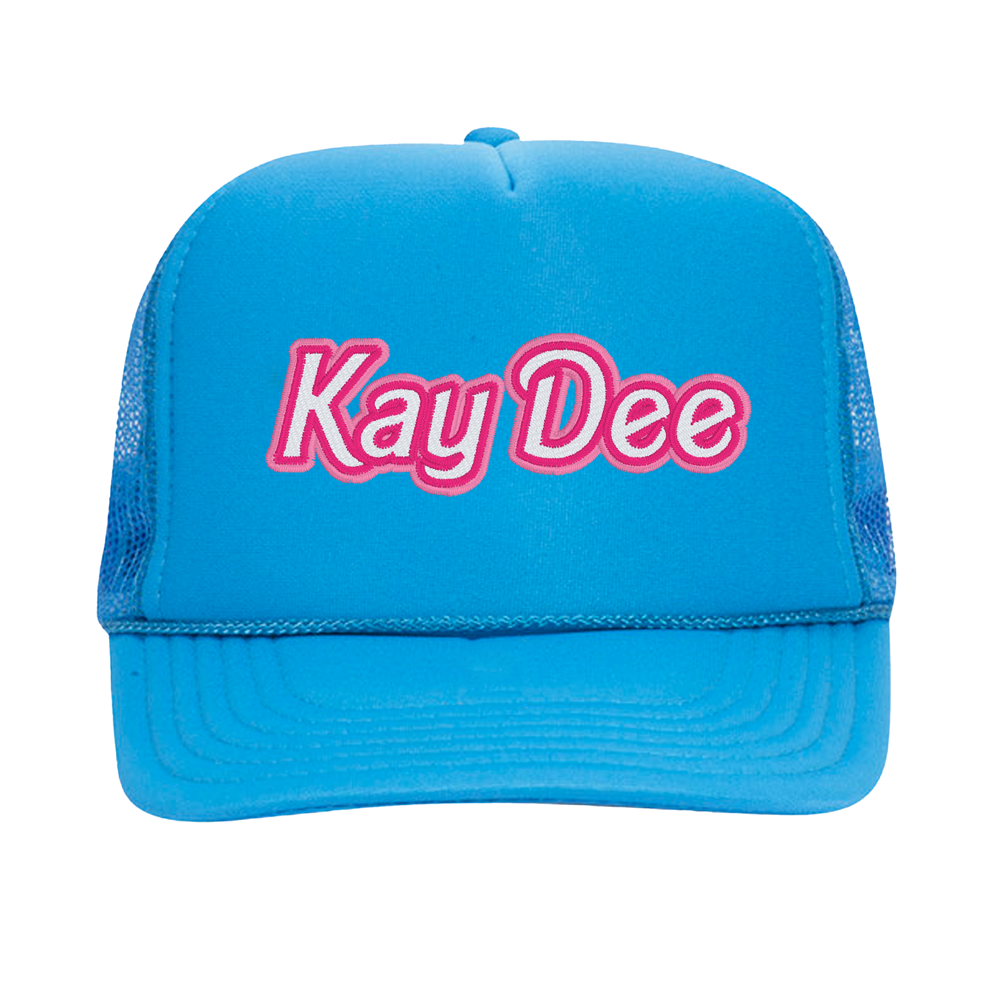 a blue trucker hat with the word kay dee on it