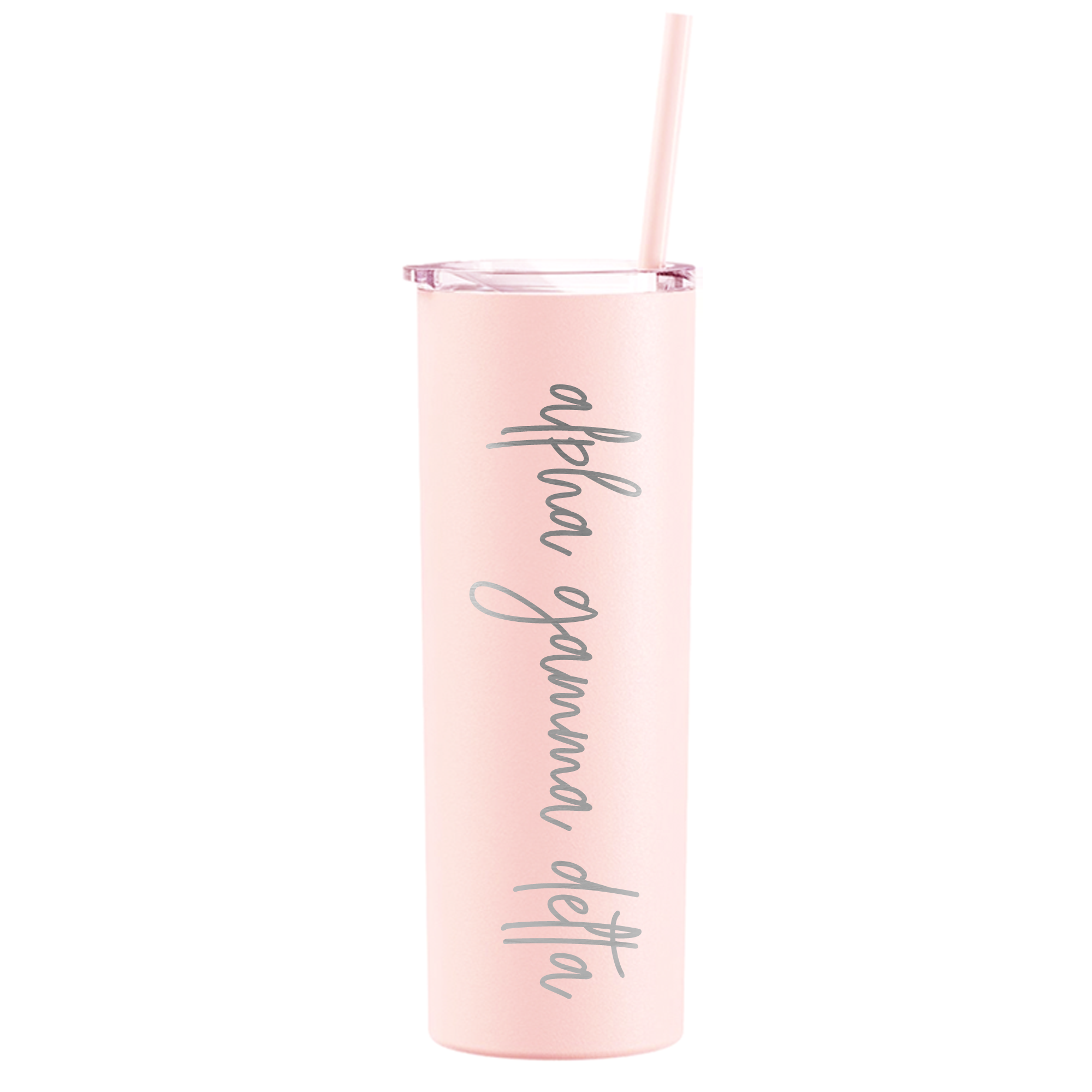 a pink tumbler cup with a straw in it