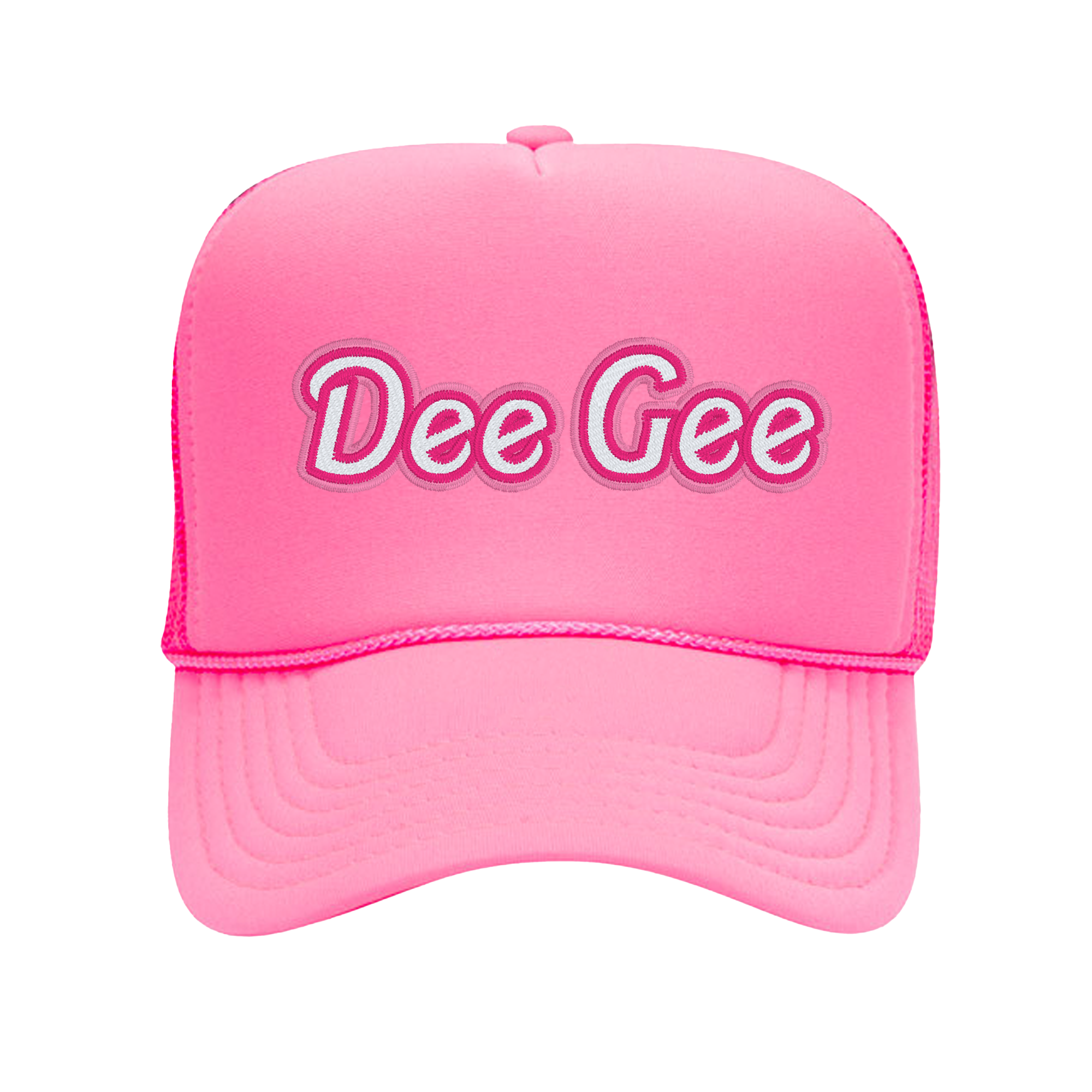 a pink trucker hat with the word dee gee on it