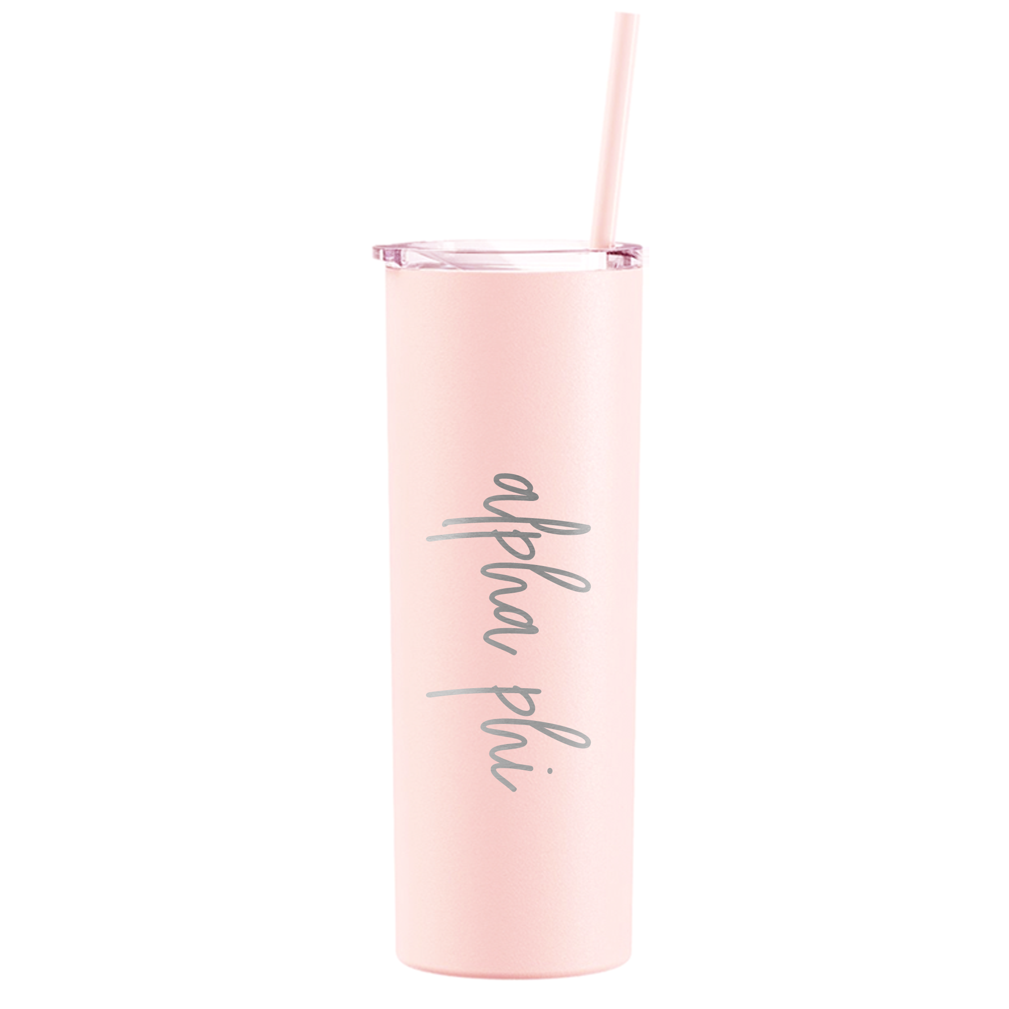 a pink tumbler cup with a straw in it