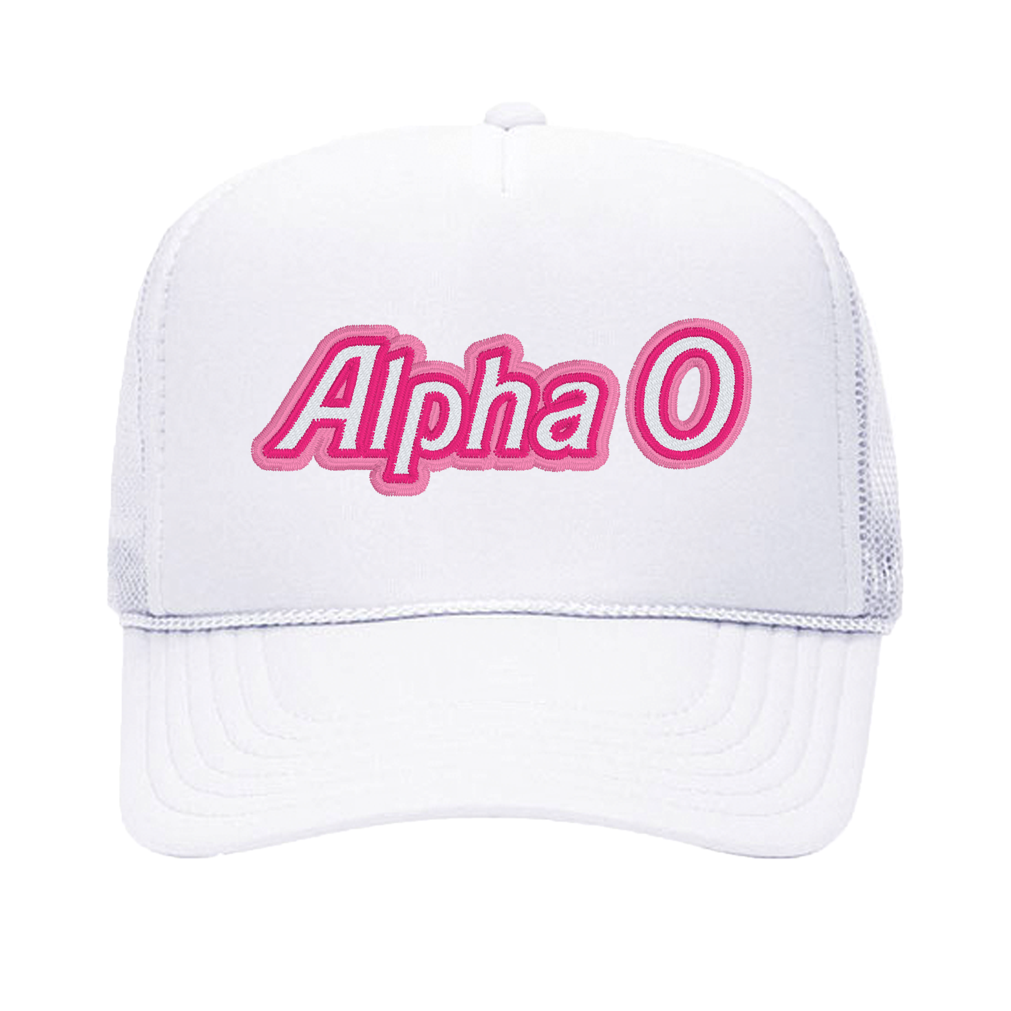 a white trucker hat with the word alpha on it