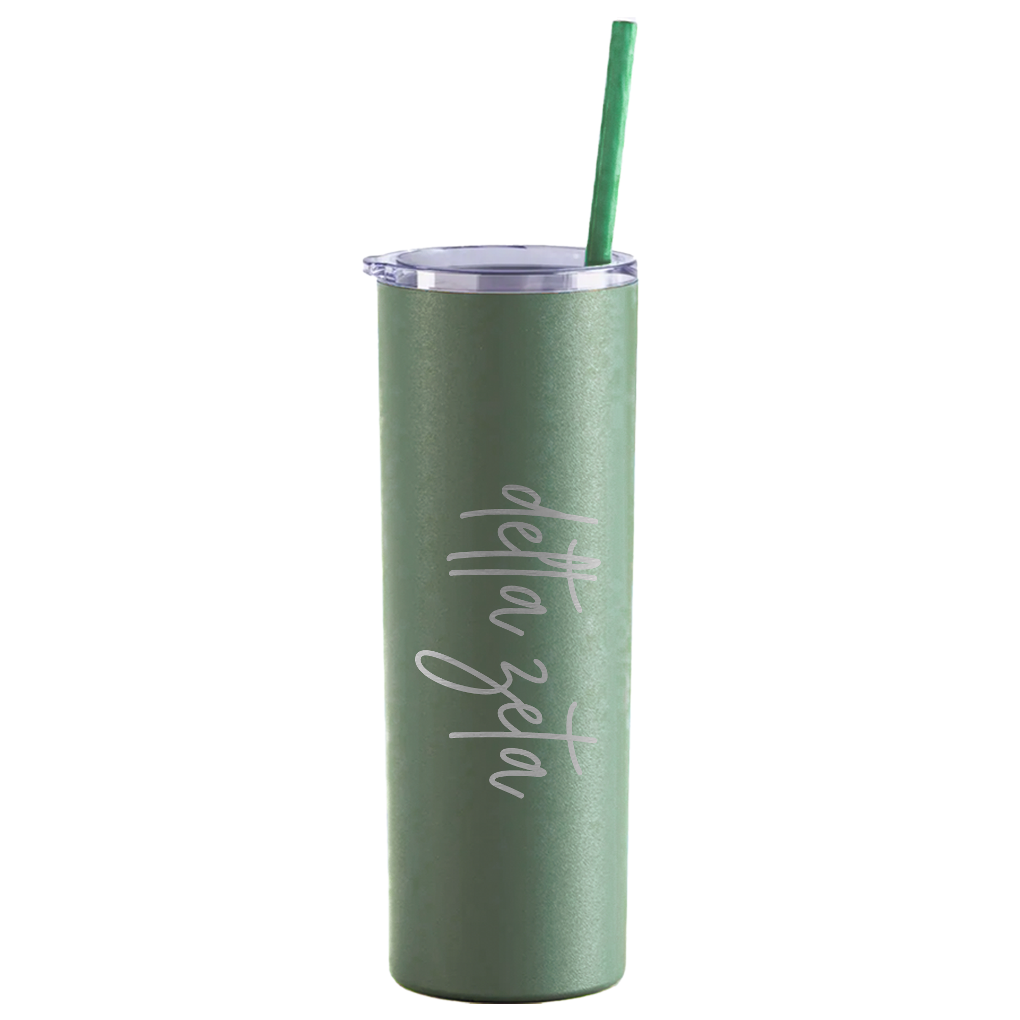 a green tumbler cup with a straw in it