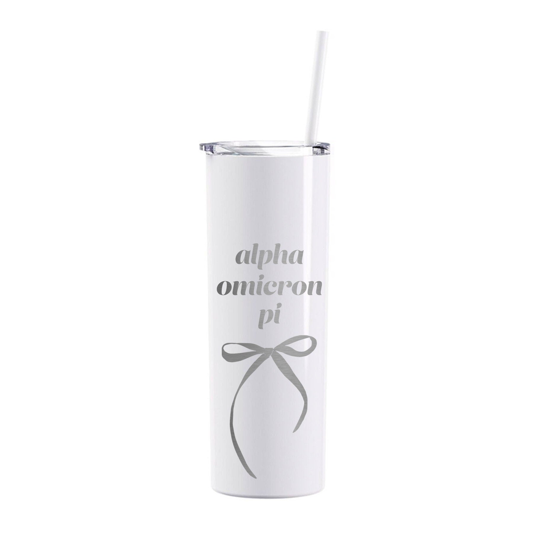 Alpha Omicron Pi Coquette Bow Tumbler with Straw- White