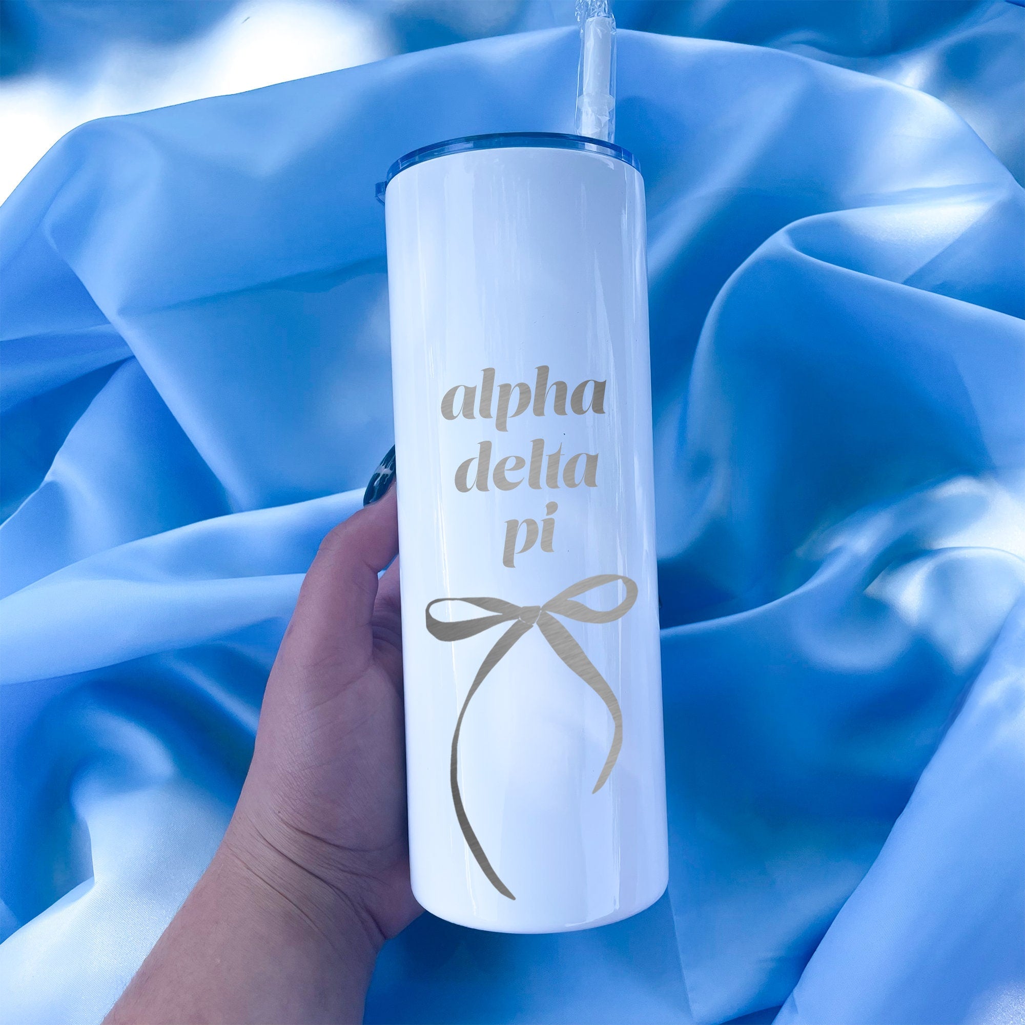 Alpha Delta Pi Coquette Bow Tumbler with Straw- White