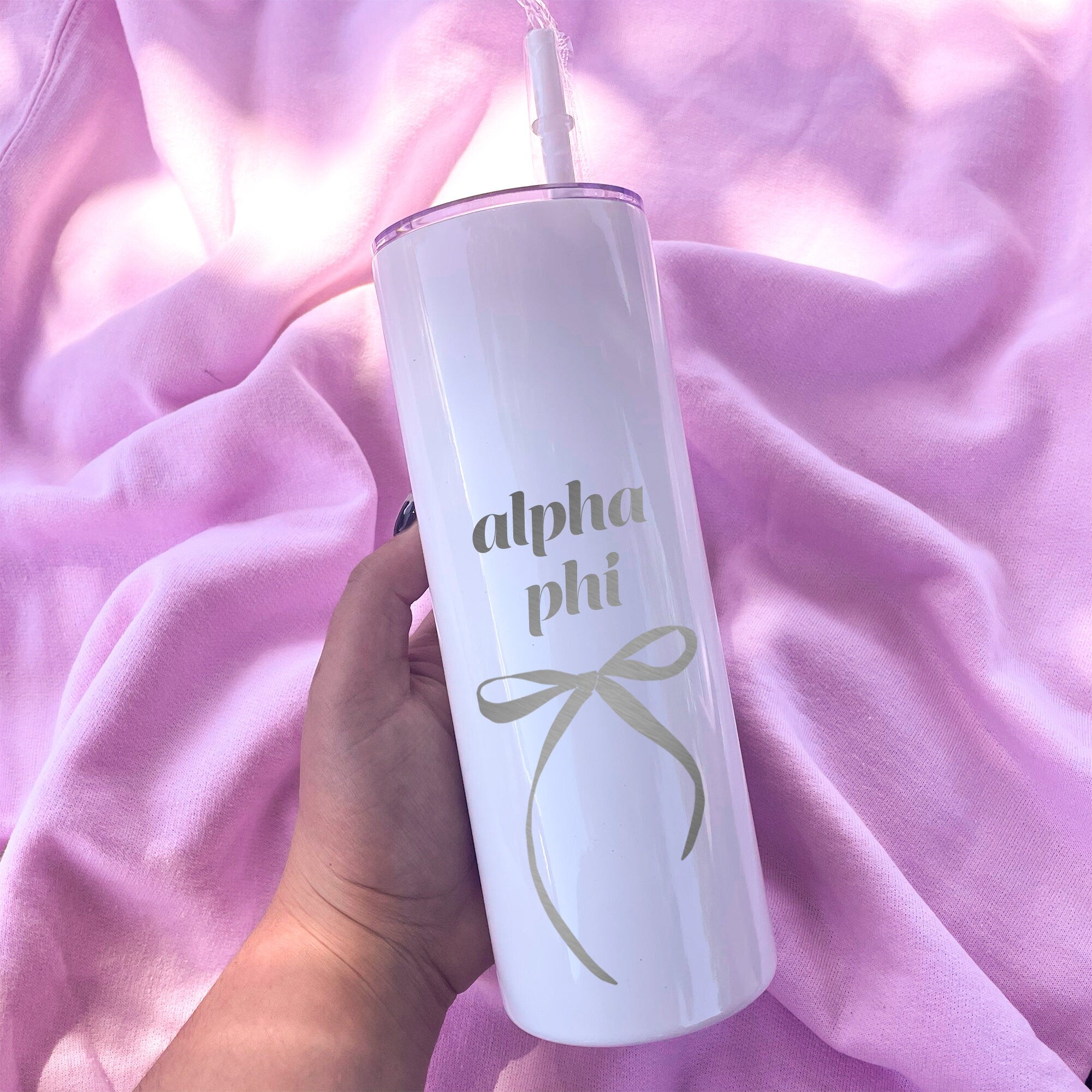 Alpha Phi Coquette Bow Tumbler with Straw- White