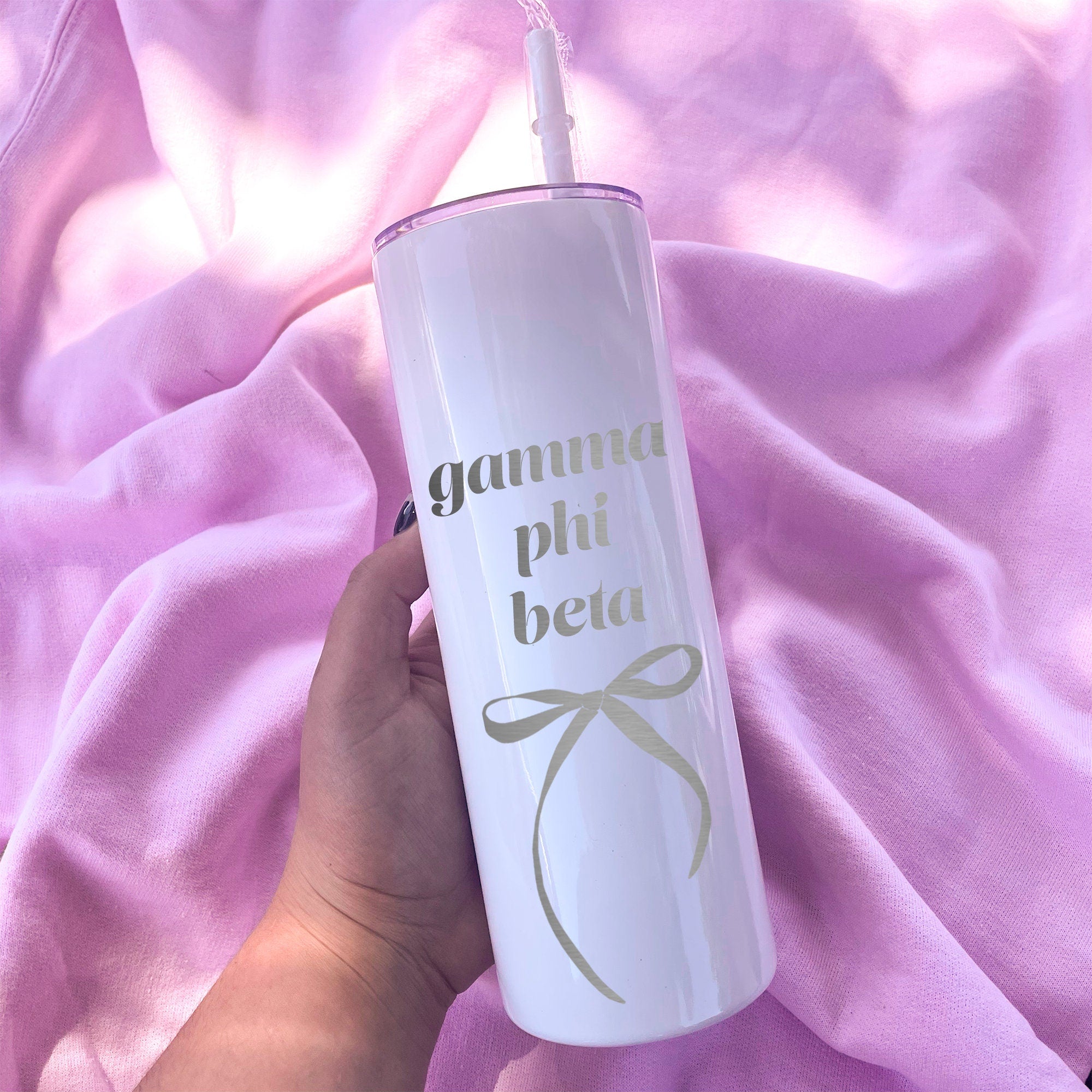 Gamma Phi Beta Coquette Bow Tumbler with Straw- White