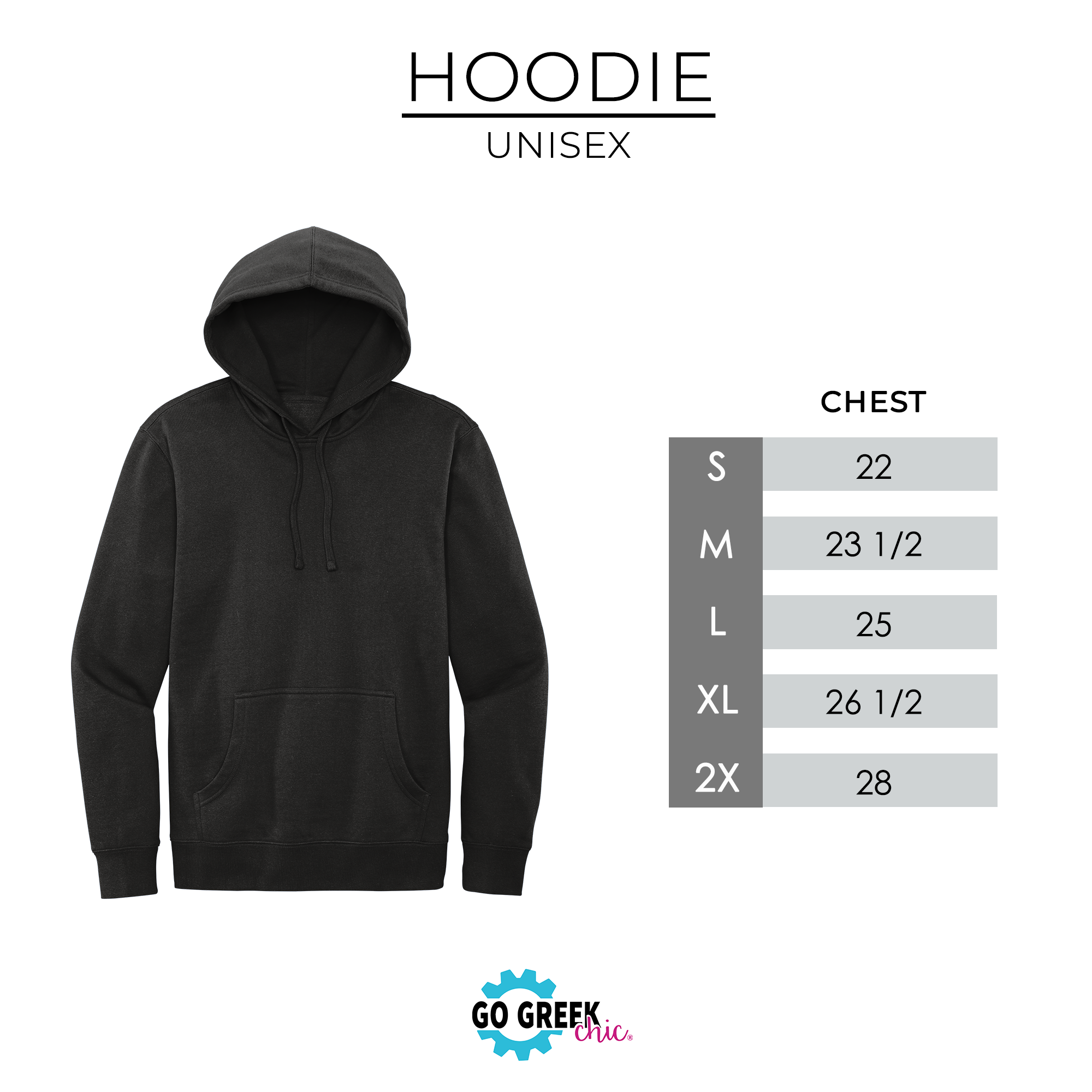 a black hoodie is shown with the measurements for the hoodie